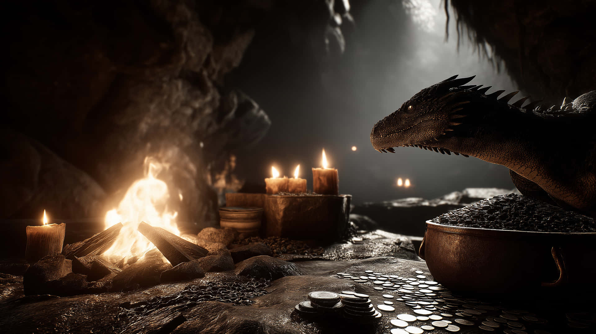 The Dragon's Sanctuary 壁紙 — 一條龍在火光和蠟燭照亮的昏暗洞穴中，在寶藏旁休息。