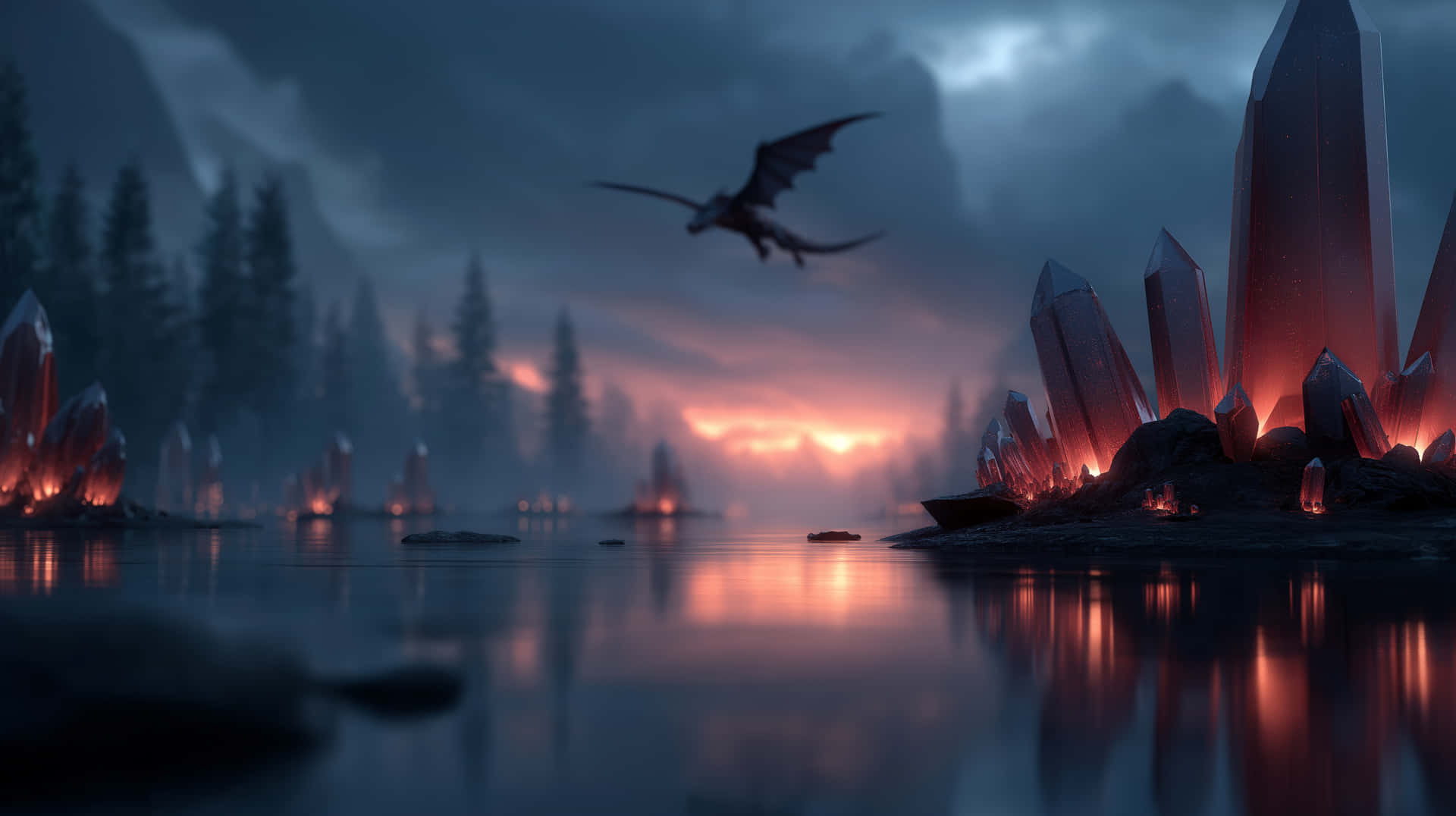 Mystical Lake with Dragon and Glowing Crystals at Twilight 壁紙 — 一條龍在黃昏時分飛越霧氣瀰漫的湖泊，發光的紅色晶體從岸邊升起並倒映在水中。
