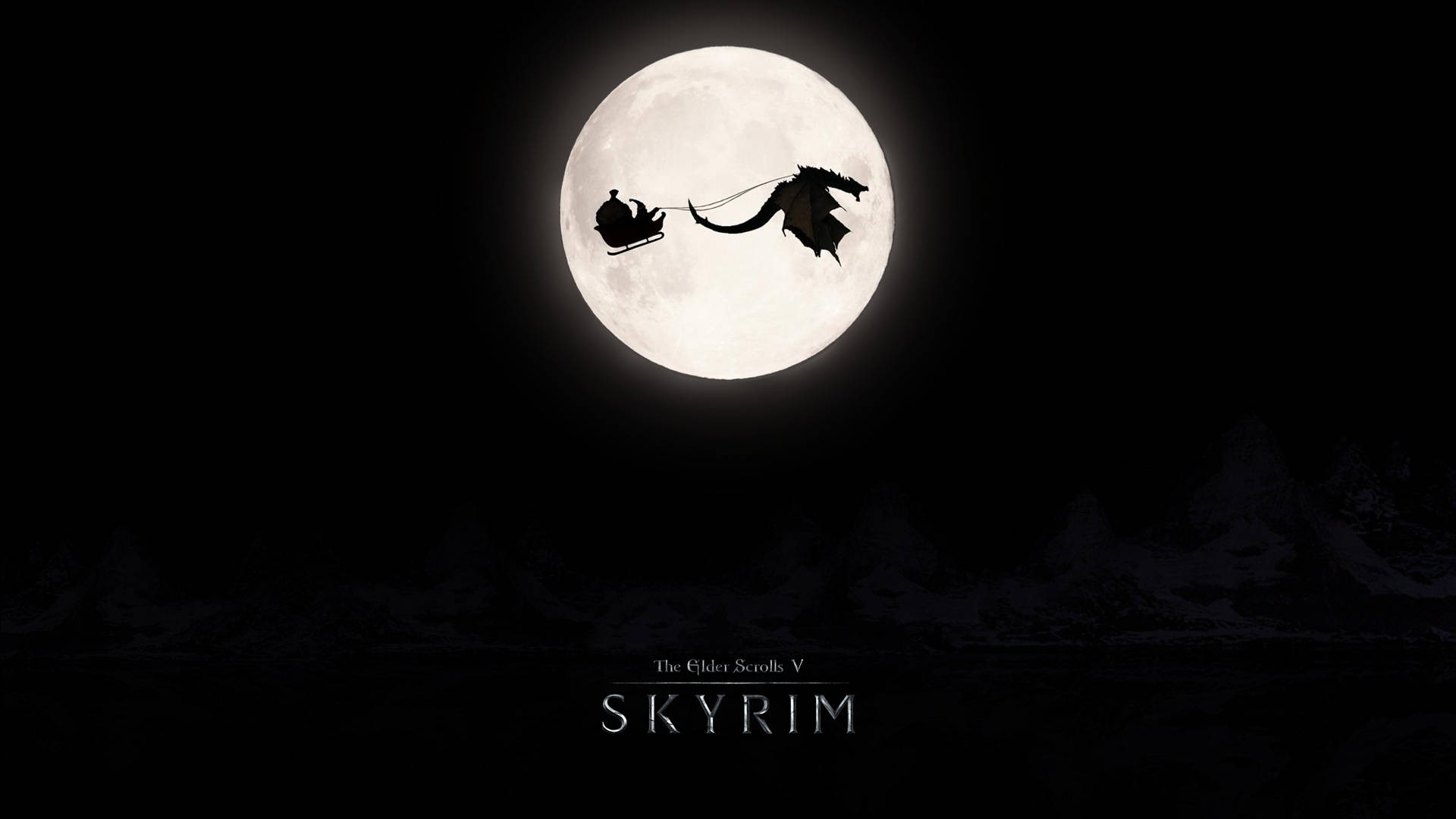 The Elder Scrolls V Skyrim 桌布 壁紙 — 一條龍拖著雪橇，上面載著一個人影，背景是巨大滿月下的雪山。