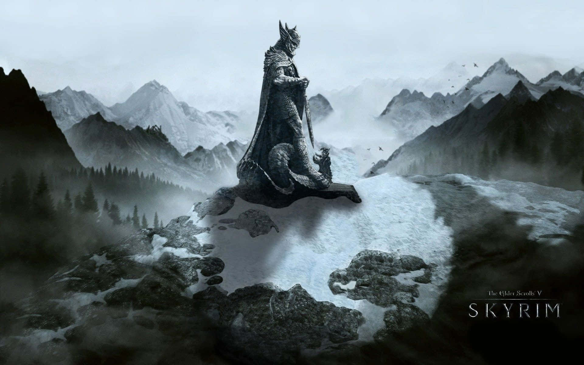 電玩遊戲 桌布 壁紙 — 一條龍棲息在白雪皚皚的山頂上，俯瞰著霧氣瀰漫的山谷，遠處有鋸齒狀的山峰。