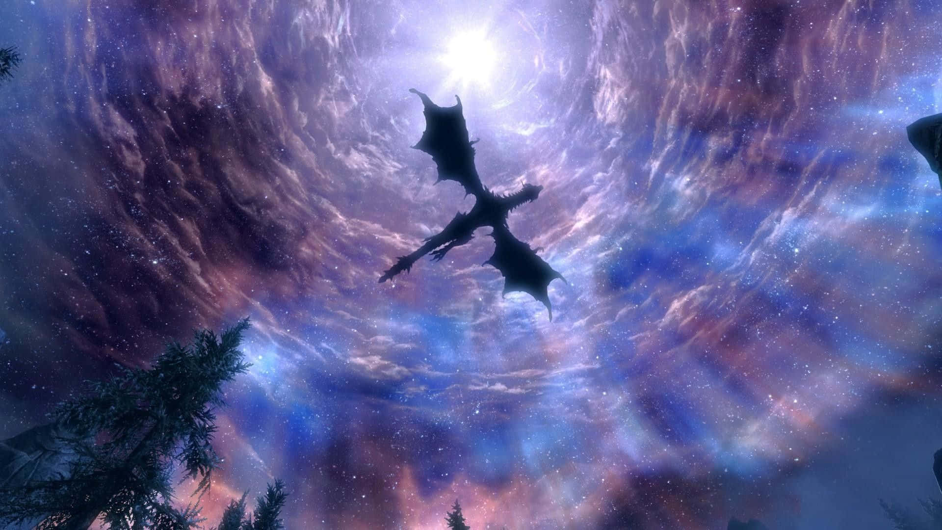 龍 桌布 壁紙 — 一條龍的剪影在充滿紫色、藍色和粉紅色星雲和星星的鮮豔宇宙天空中翱翔。