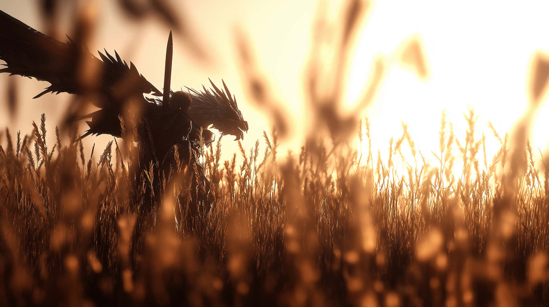 Heroic Figure and Dragon in a Golden Wheat Field at Sunset 壁紙 — 一條龍的剪影在日落時分的金色麥田中，在溫暖的背光下高高聳立。