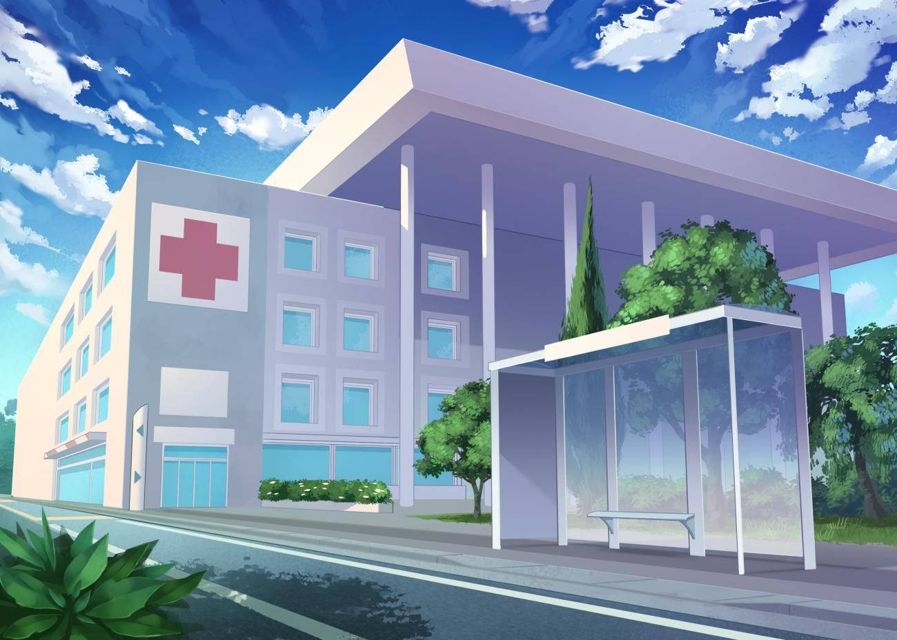 Building 桌布 壁紙 — 一棟明亮動漫風格的醫院建築，帶有紅十字標誌，矗立在公車站旁，上方是晴朗的藍天和蓬鬆的白雲。