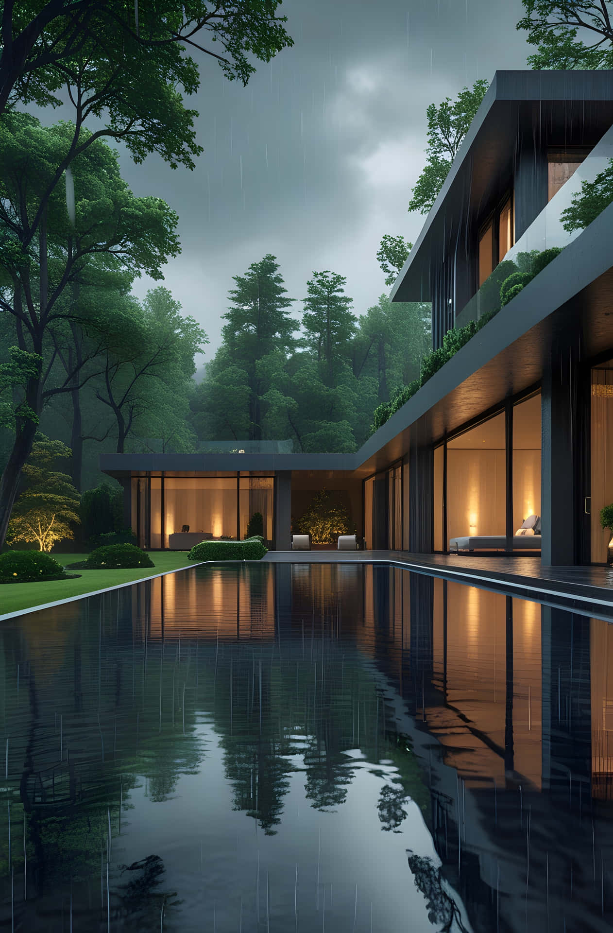 Modern Mansion in the Rain 壁紙 — 一棟現代住宅，擁有玻璃牆和長泳池，在雨天的灰色天空下，被茂密的綠樹環繞，反射出溫暖的室內燈光。