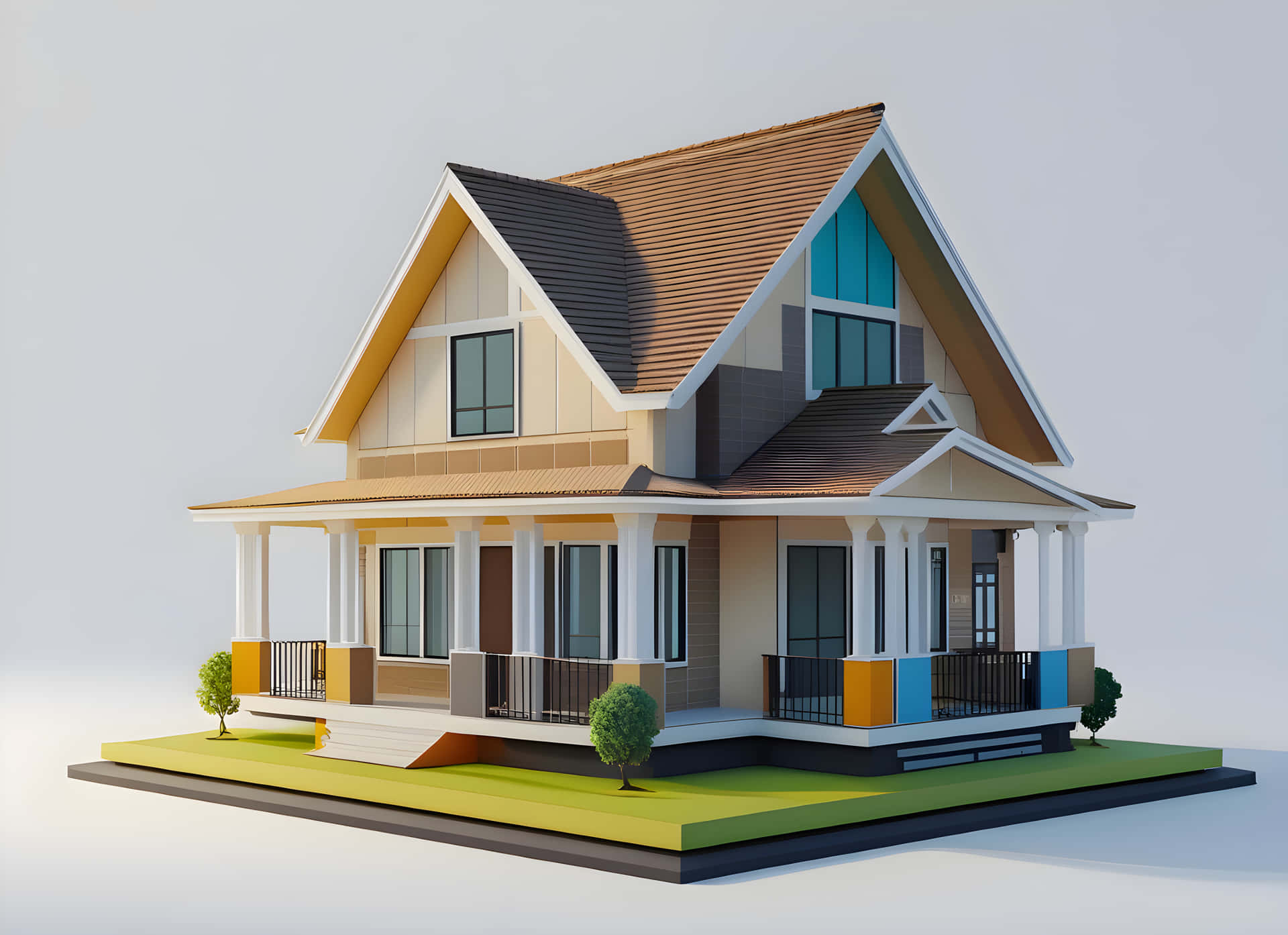 3d model home 壁紙 — 一棟現代兩層房屋，米色牆板、棕色屋頂和色彩繽紛的門廊點綴，矗立在綠色草坪上，背景簡潔。