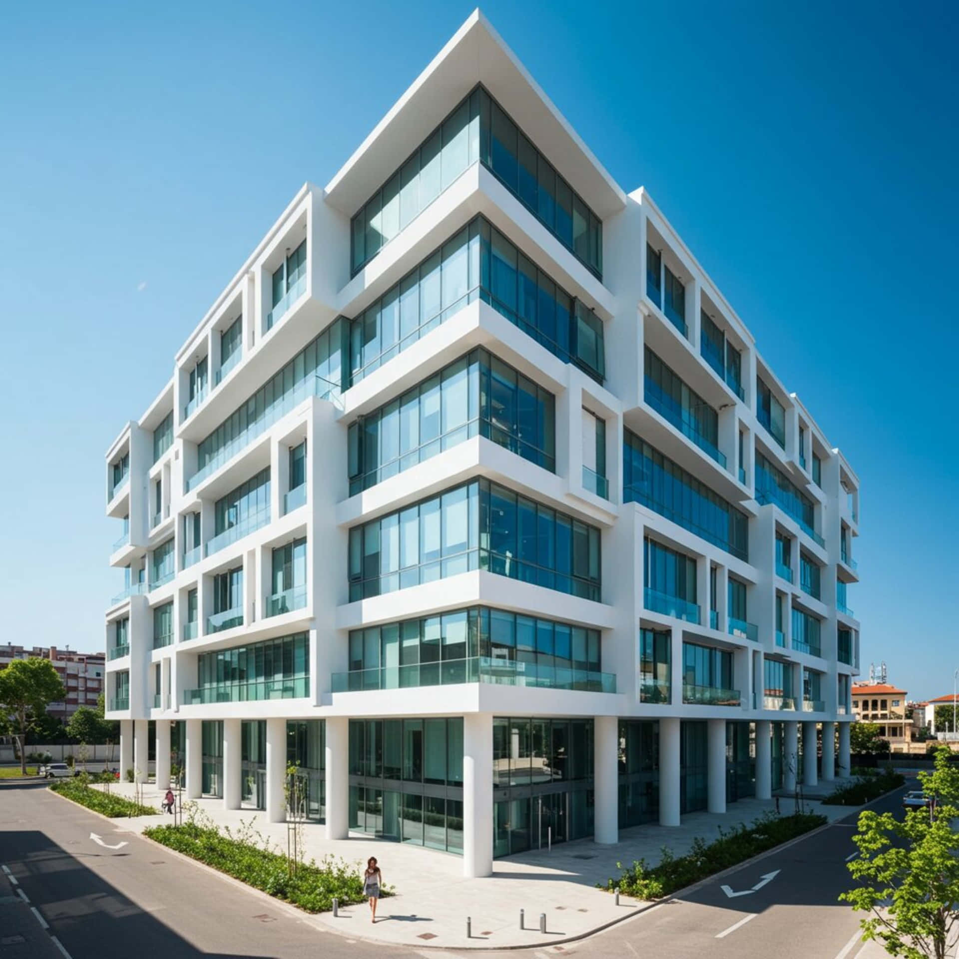Building 壁紙 — 一棟現代白色玻璃和混凝土公寓大樓高聳在清澈的藍天下，附近有一位孤獨的行人走過。