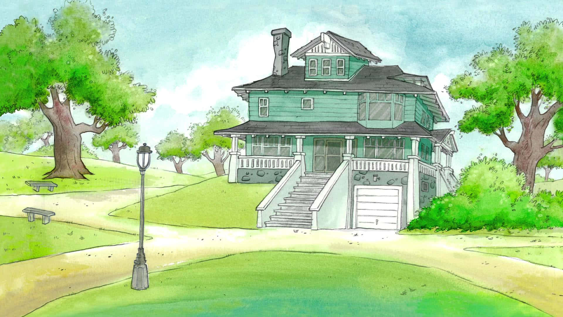 Regular Show 桌布 壁紙 — 一棟迷人的綠色兩層房屋，帶有門廊和樓梯，坐落在一個被樹木環繞的草地上，在柔和的藍天下。