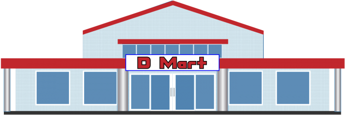 Shopping 桌布 壁紙 — 一棟風格化的D Mart超市建築，紅色屋頂和藍色窗戶，背景為黑色。