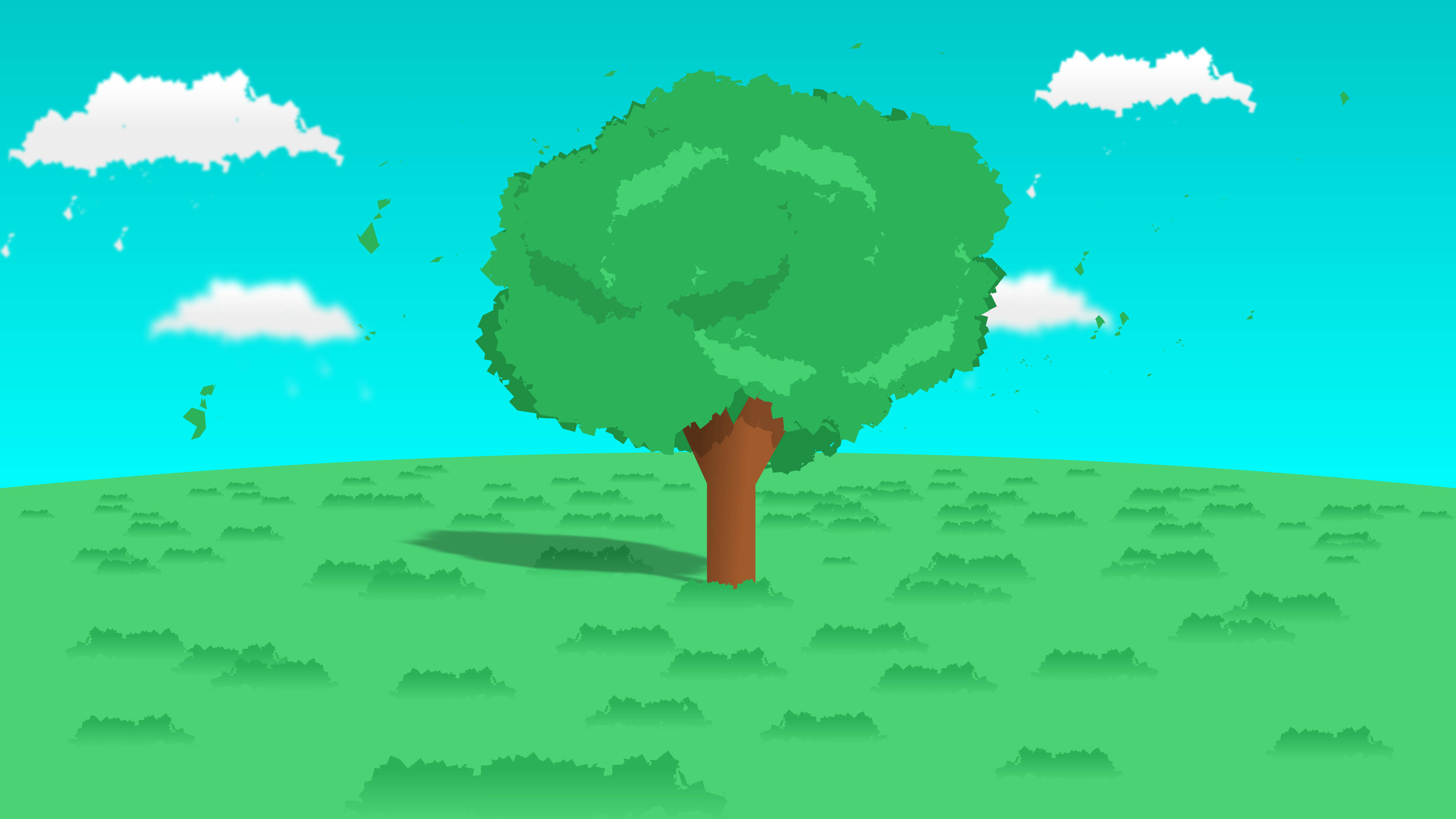 Tree 桌布 壁紙 — 一棵像素化的樹獨自矗立在起伏的綠色山丘上，上方是明亮的青色天空，飄著蓬鬆的白雲。