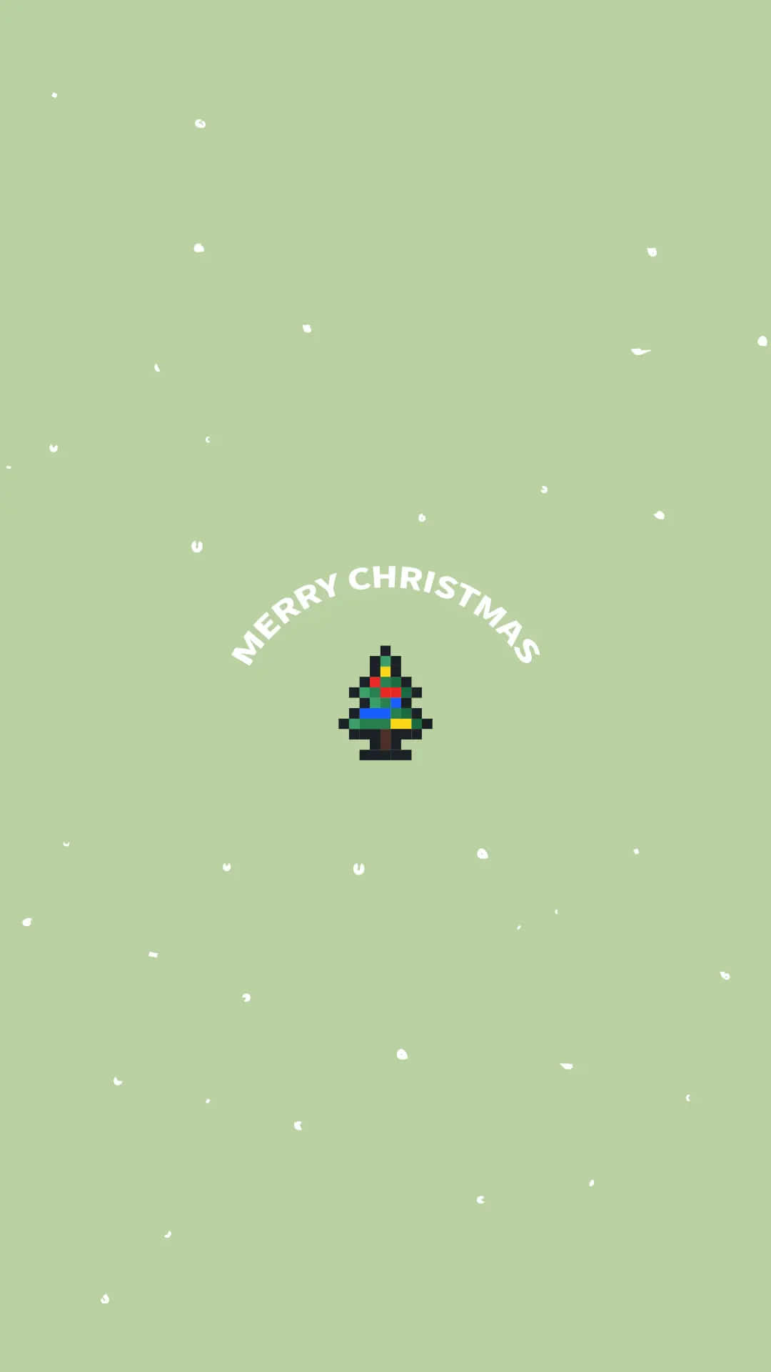 Cute Simple Christmas 桌布 壁紙 — 一棵像素化的聖誕樹，帶有彩色裝飾，居中在淺綠色背景上，有飄落的雪花和「MERRY CHRISTMAS」文字。