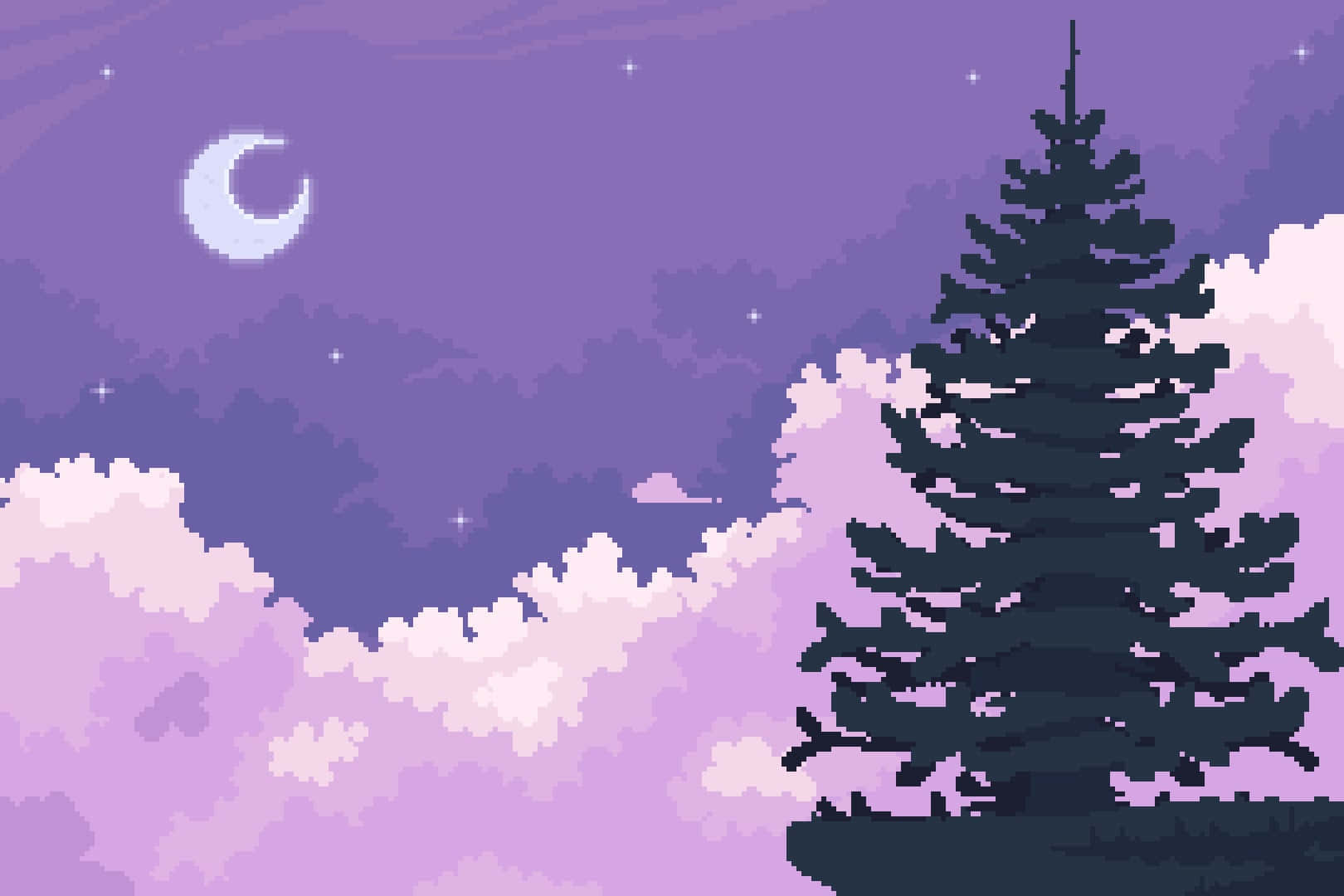 Aesthetic Pixel 桌布 壁紙 — 一棵像素藝術松樹在夢幻的紫色夜空下呈現剪影，夜空中有新月和閃爍的星星。