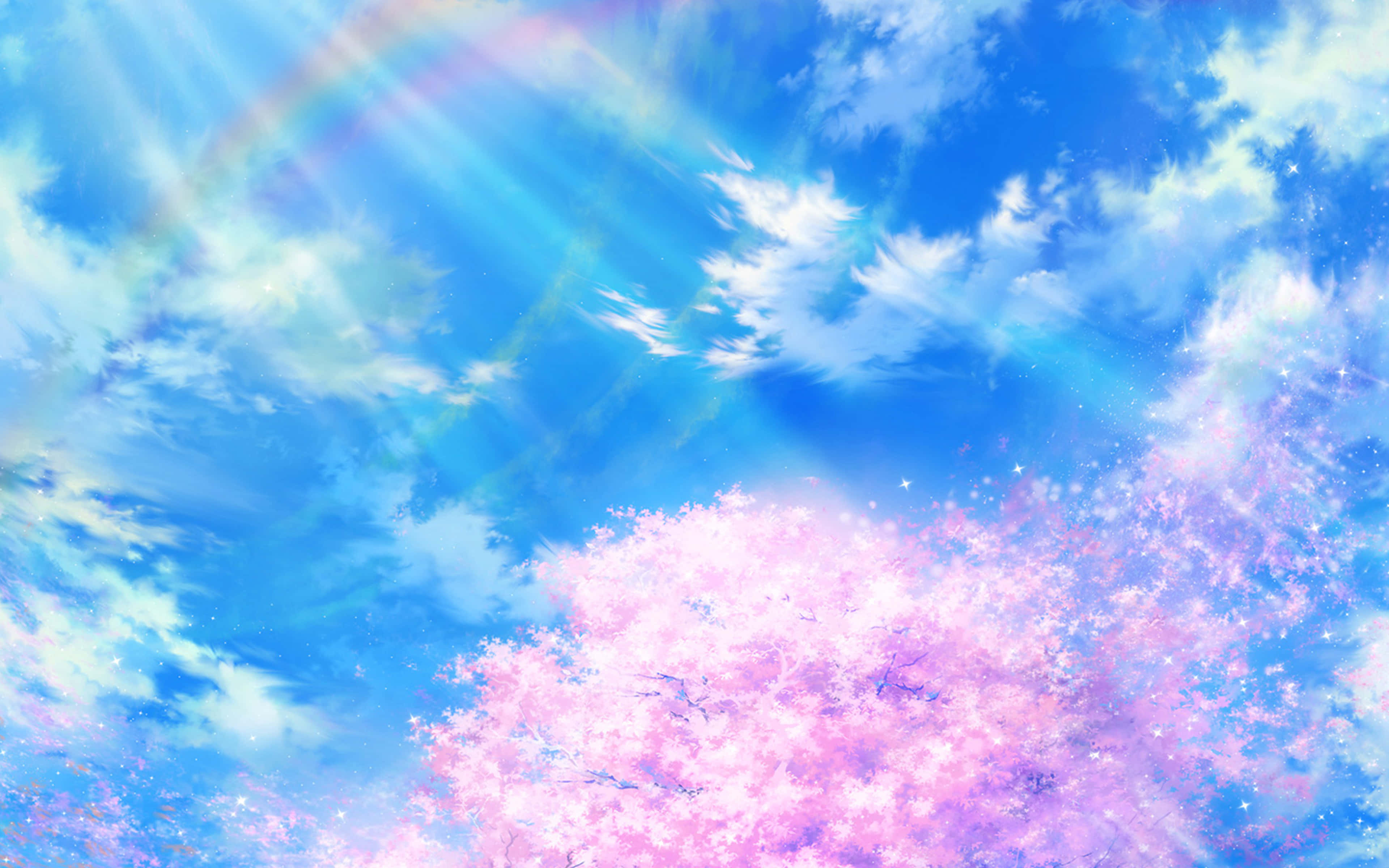 Anime Sky 桌布 壁紙 — 一棵充滿活力的動漫風格櫻花樹在晴朗的藍天下盛開，伴隨著柔和的彩虹和陽光。