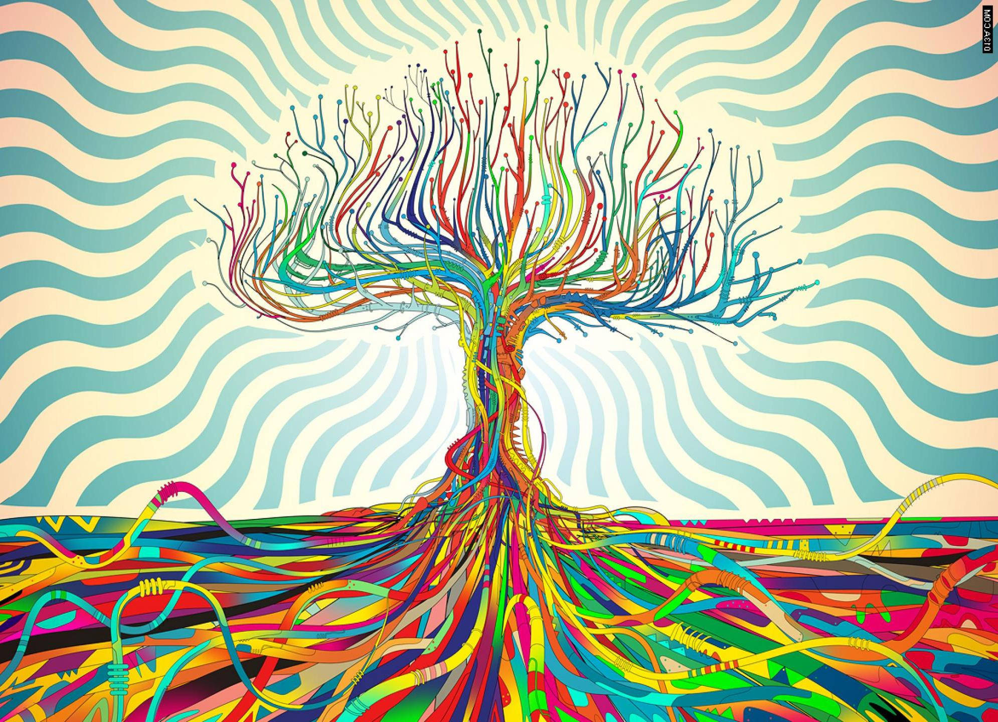 Funky 桌布 壁紙 — 一棵充滿活力的抽象樹，以多色電線作為樹枝和樹根，矗立在波浪形的藍色和奶油色背景前。