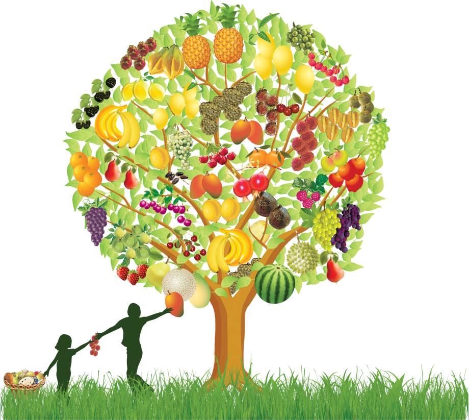 Fruits 桌布 壁紙 — 一棵充滿活力的數位樹，結滿了色彩繽紛的水果，如香蕉、鳳梨和葡萄，站在黑色背景前，有剪影人物在摘水果。