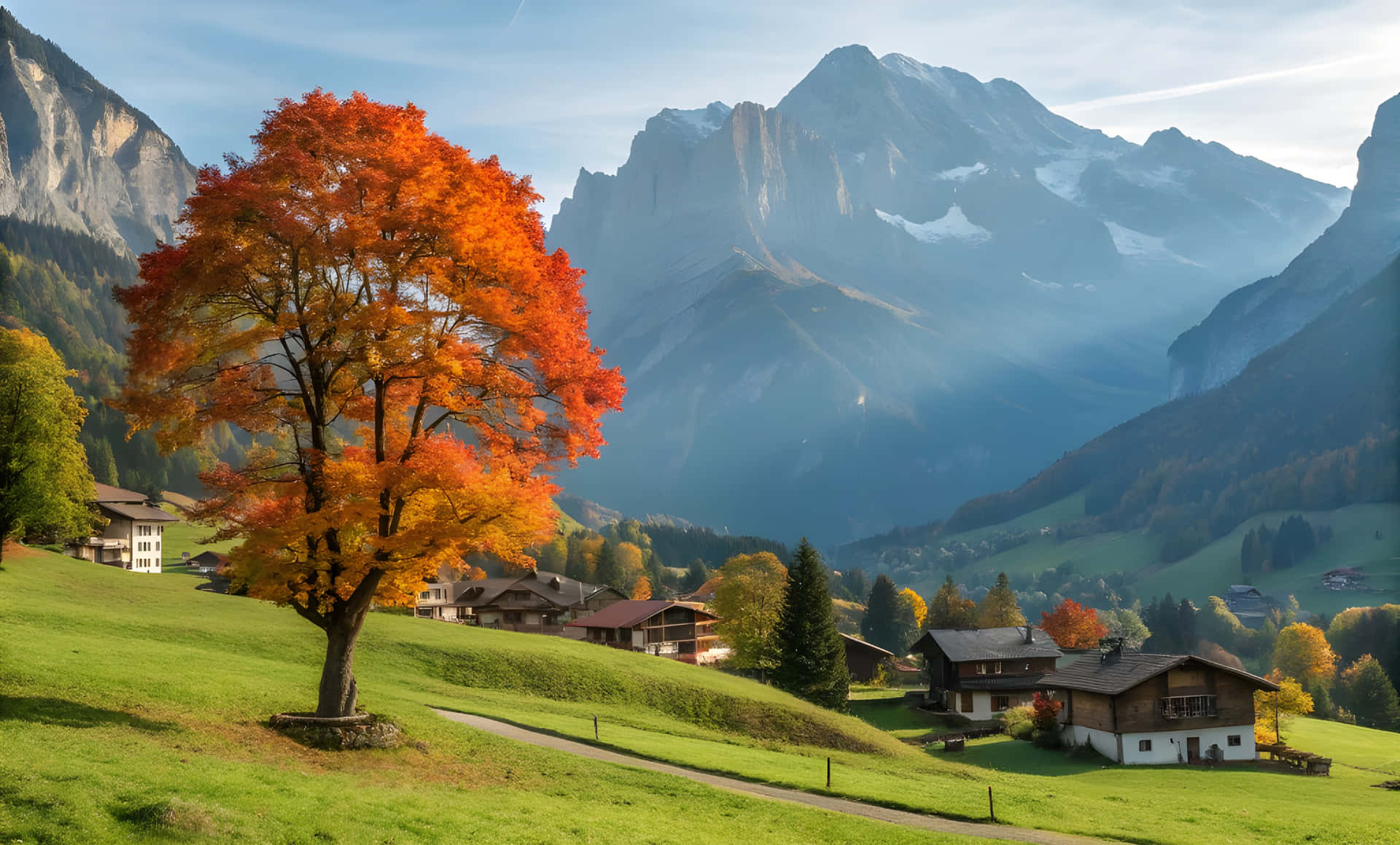 Grindelwald village and orange tree with blue mountain view 壁紙 — 一棵充滿活力的橘樹獨自矗立在陽光明媚的綠色山丘上，俯瞰遠處有雪峰的山村。