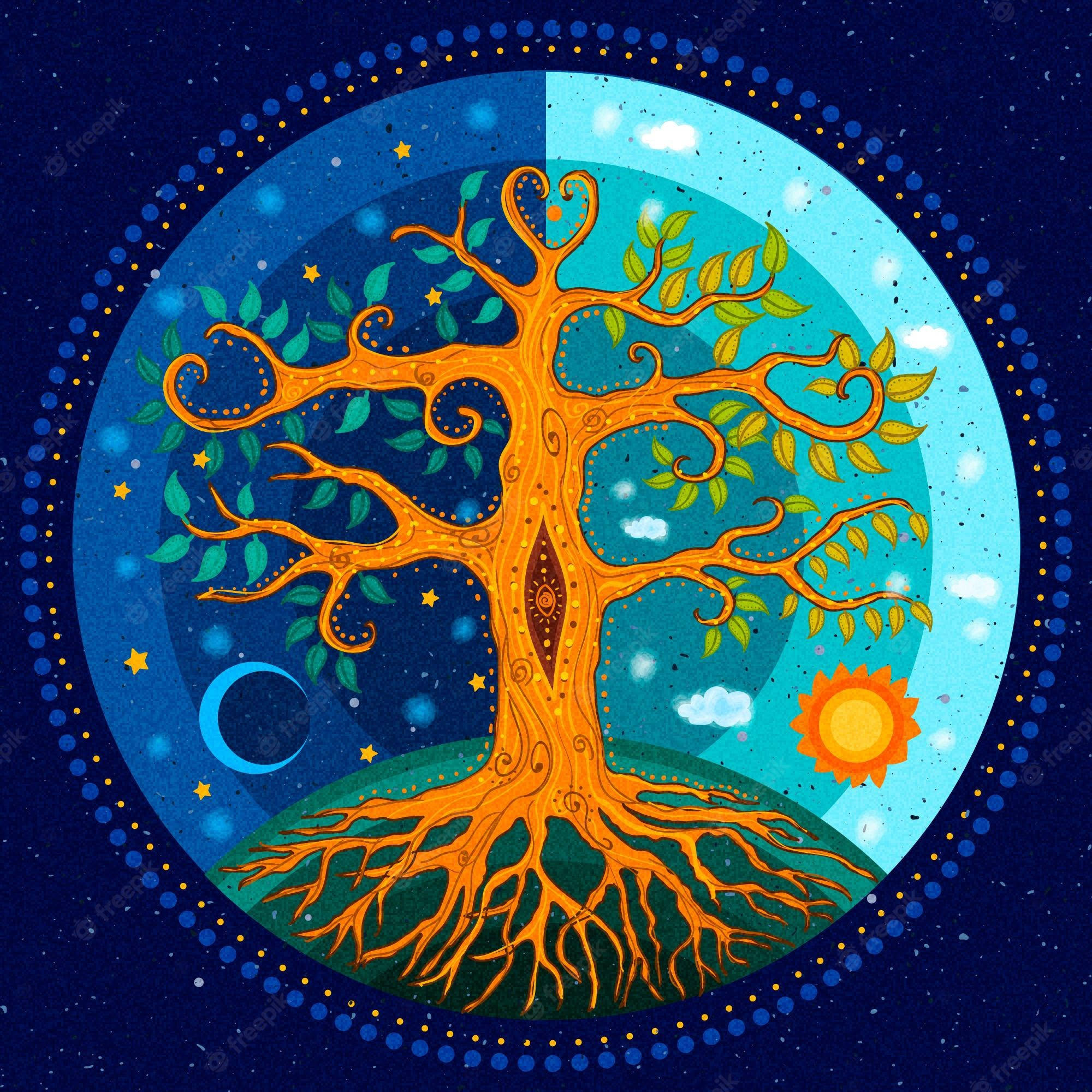 life 桌布 壁紙 — 一棵充滿活力的橙色樹，樹枝盤旋，橫跨一個分裂的圓圈，顯示有星星和月亮的夜空，以及有太陽和雲朵的白天天空。