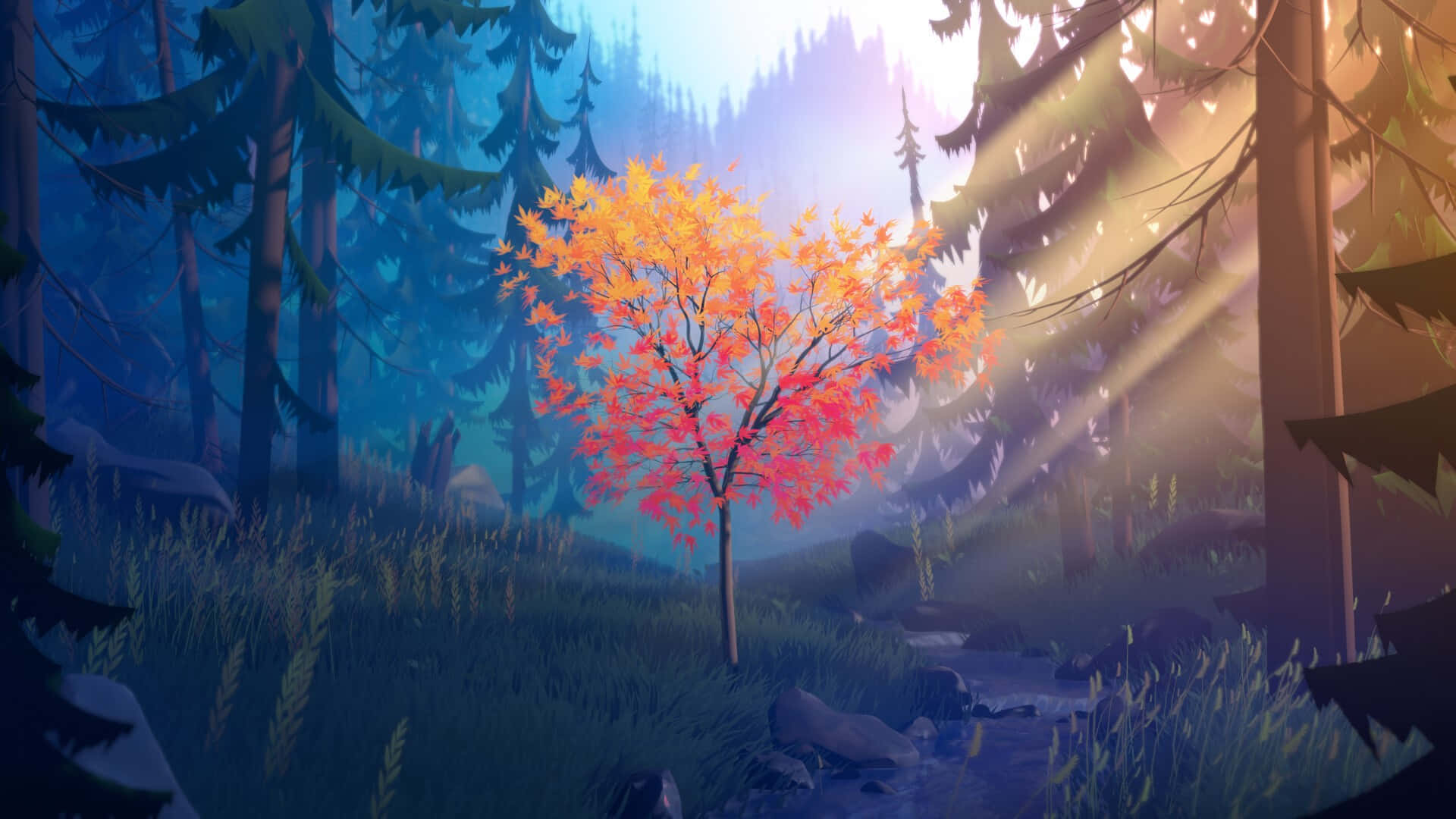 Among Trees 桌布 壁紙 — 一棵充滿活力的橙色樹在霧氣瀰漫的森林中發光，金色的陽光穿過高聳的松樹。