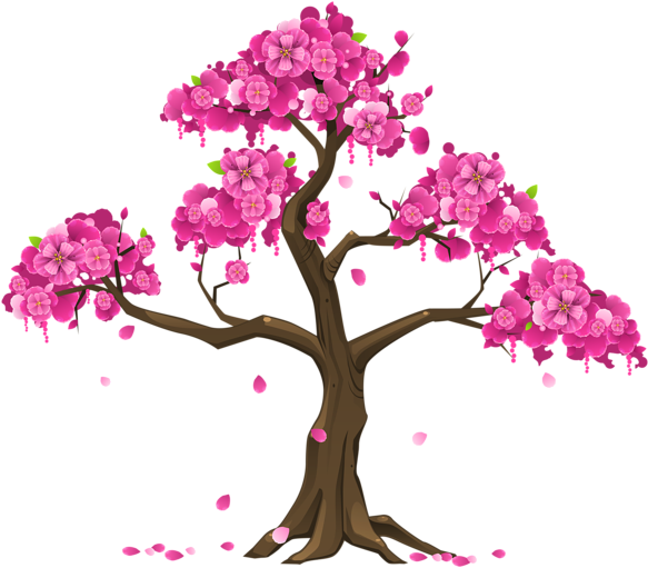 Cherry Blossom Tree 桌布 壁紙 — 一棵充滿活力的粉紅色櫻花樹，花瓣在純黑色背景上飄落。
