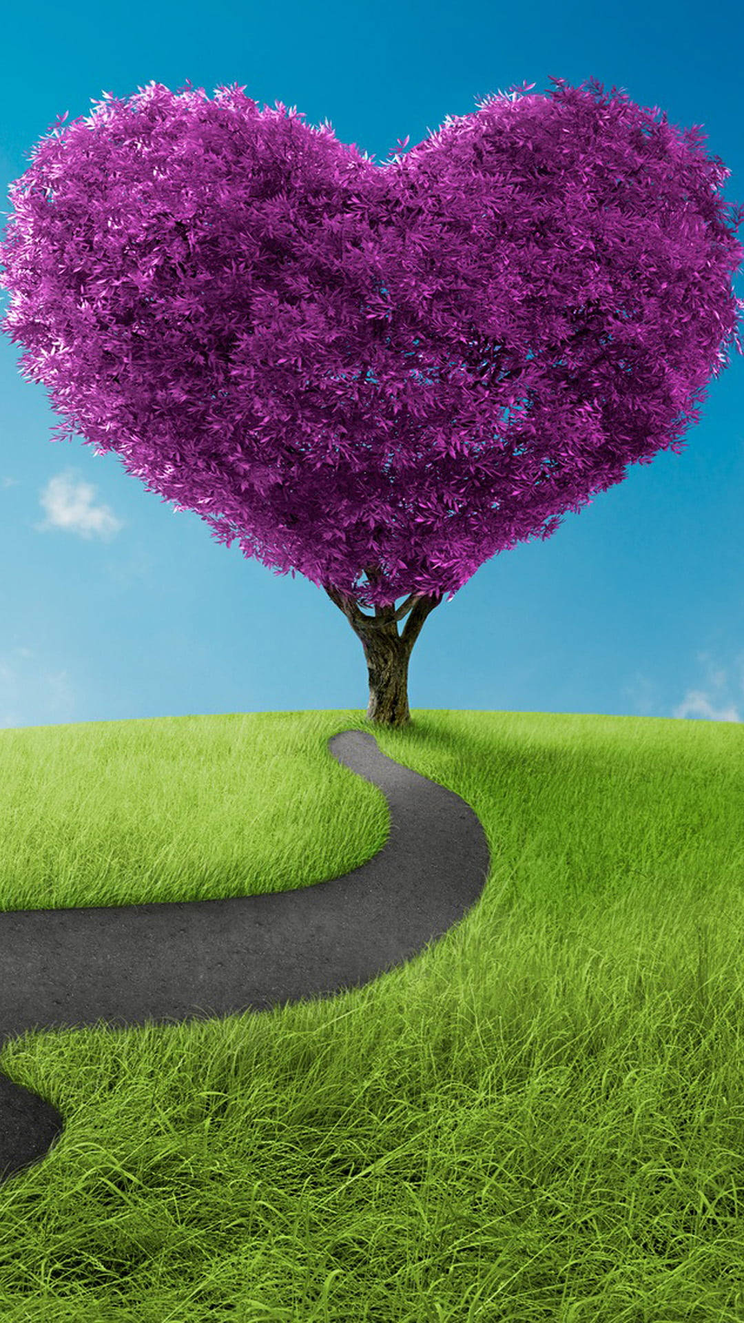 Love Nature 桌布 壁紙 — 一棵充滿活力的紫色心形樹矗立在青翠的山丘上，藍天白雲下，一條蜿蜒的小路通向其根部。