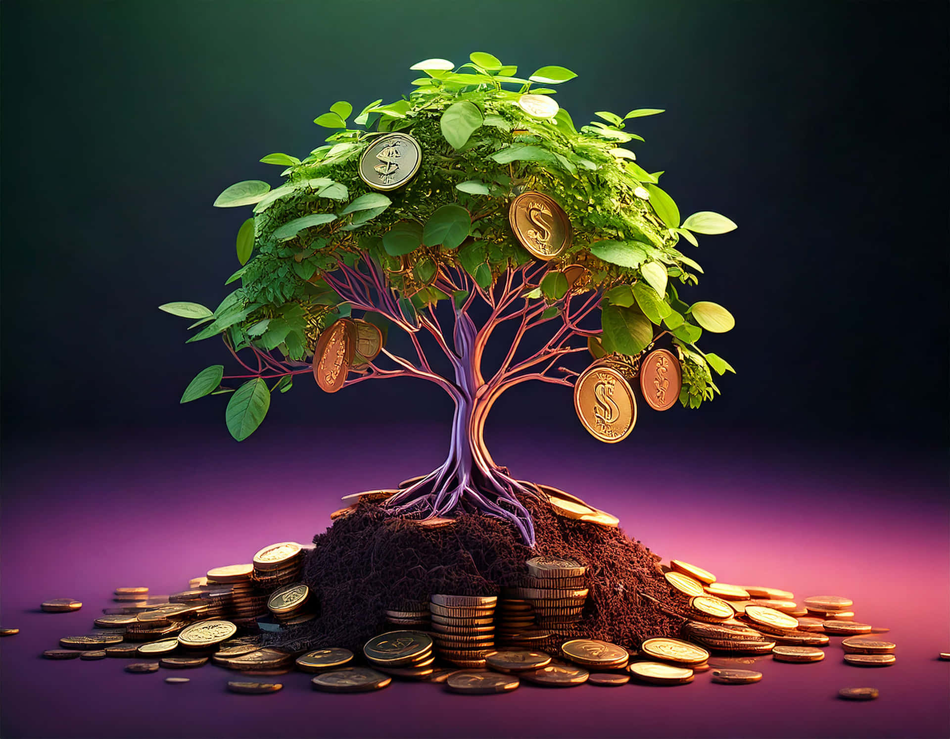 Plant growing from coins 壁紙 — 一棵充滿活力的綠色樹木，樹葉是美元硬幣，樹根埋在土壤中，周圍環繞著一堆堆硬幣，背景是紫色漸層。