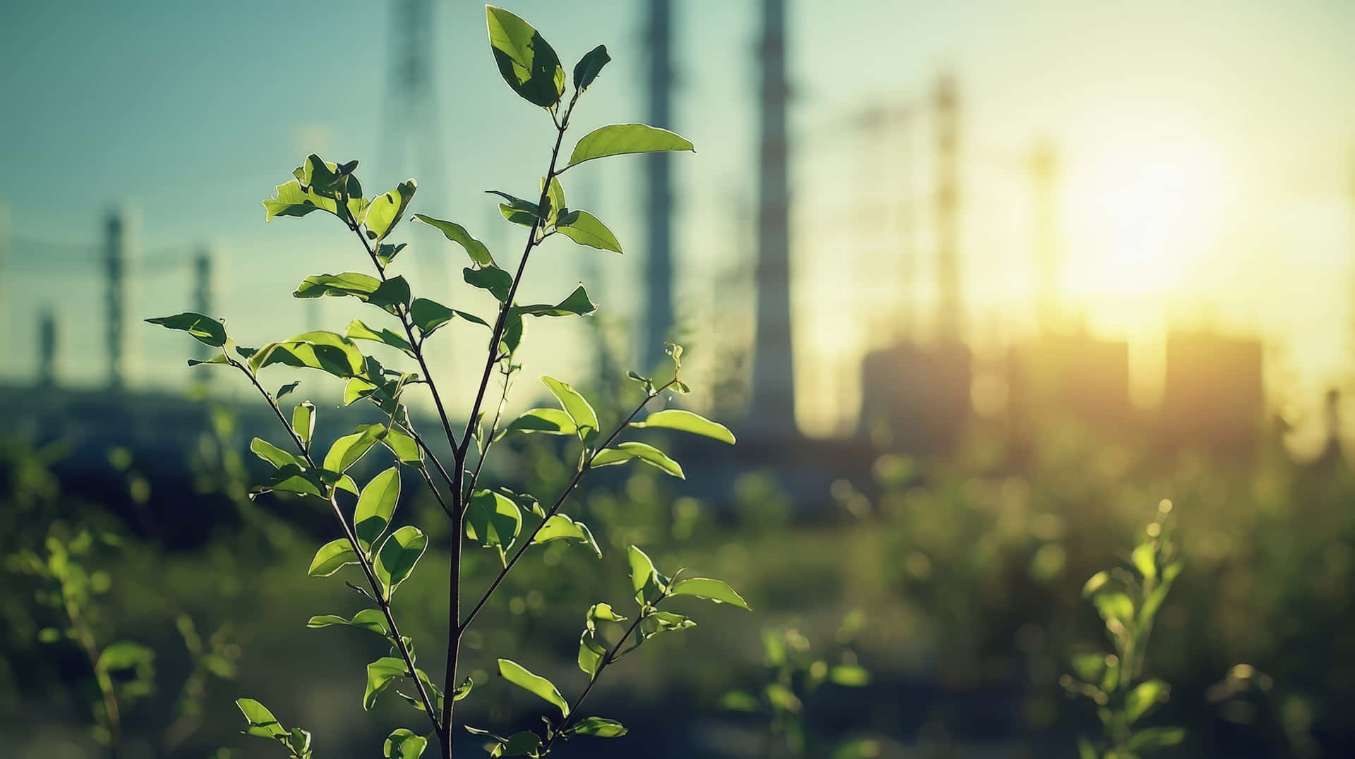 Green plant growing near industrial complex under warm sunlight 壁紙 — 一棵充滿活力的綠色樹苗在模糊的工業背景和發光的日落中清晰對焦。