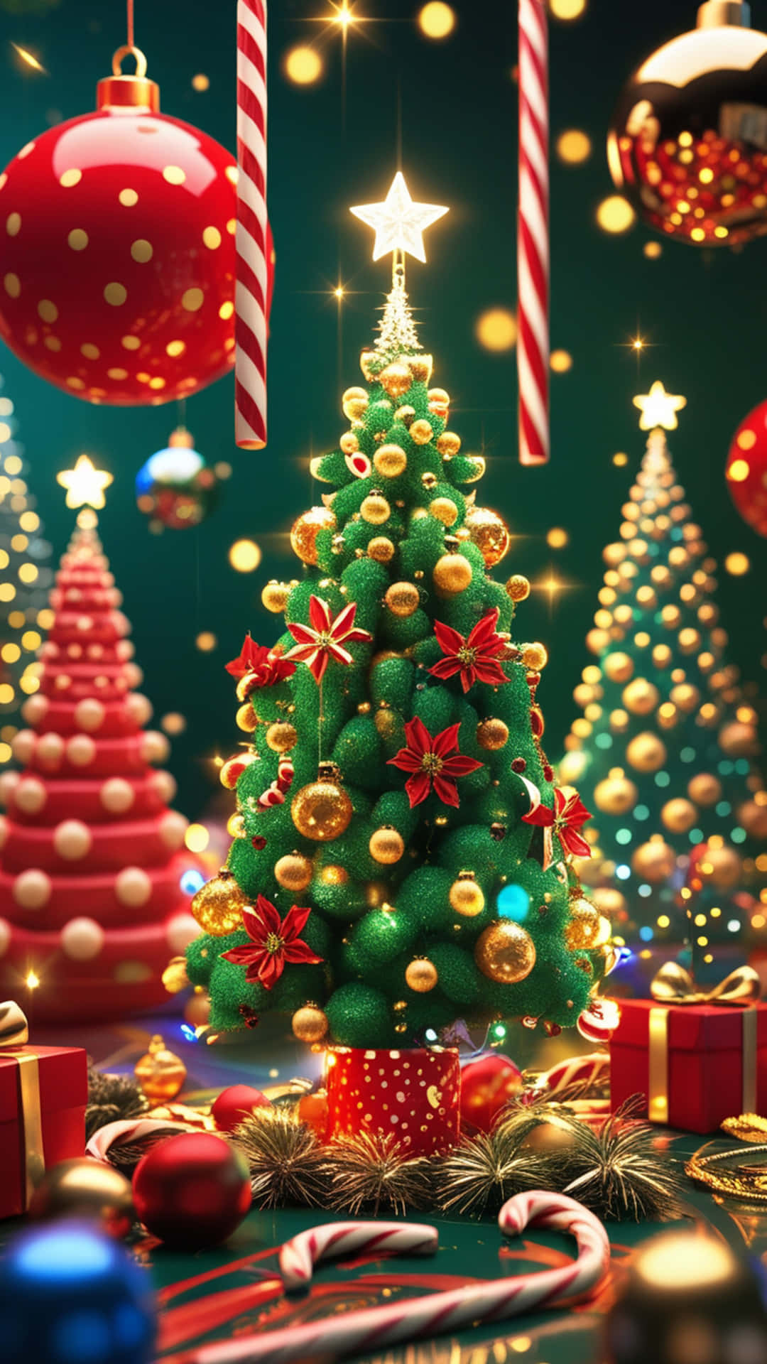 Christmas Wallpaper 壁紙 — 一棵充滿活力的綠色聖誕樹，裝飾著紅色聖誕紅、金色裝飾品和一顆閃亮的星星，矗立在中央，周圍環繞著拐杖糖、禮物和閃爍的節日燈光。