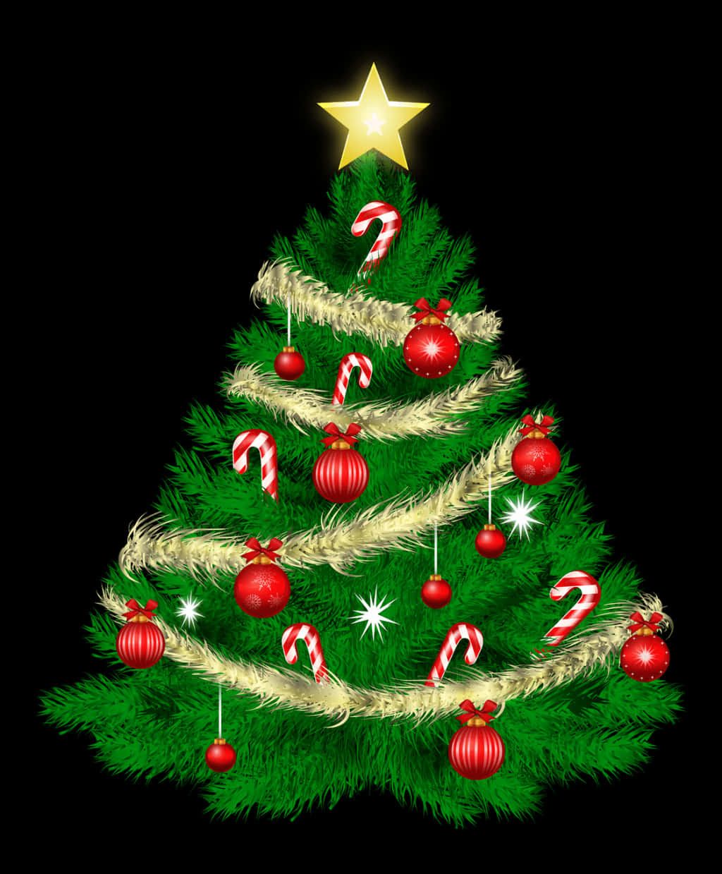 Christmas Decoration 桌布 壁紙 — 一棵充滿活力的綠色聖誕樹，裝飾著紅色飾品、拐杖糖和金箔，頂端有一顆發光的星星，背景為黑色。