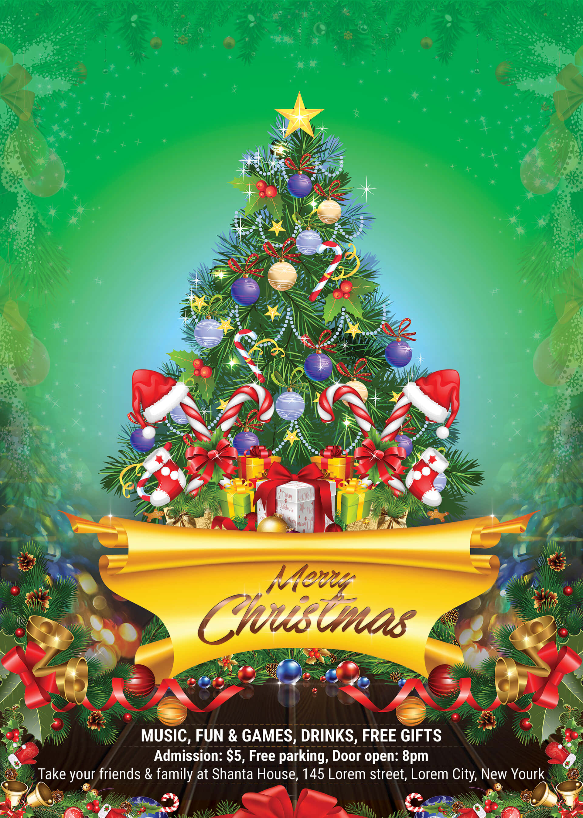 Christmas Flyer 桌布 壁紙 — 一棵充滿活力的聖誕樹，裝飾著拐杖糖飾品和聖誕帽，在發光的綠色背景前高高聳立，下方有節日文字。