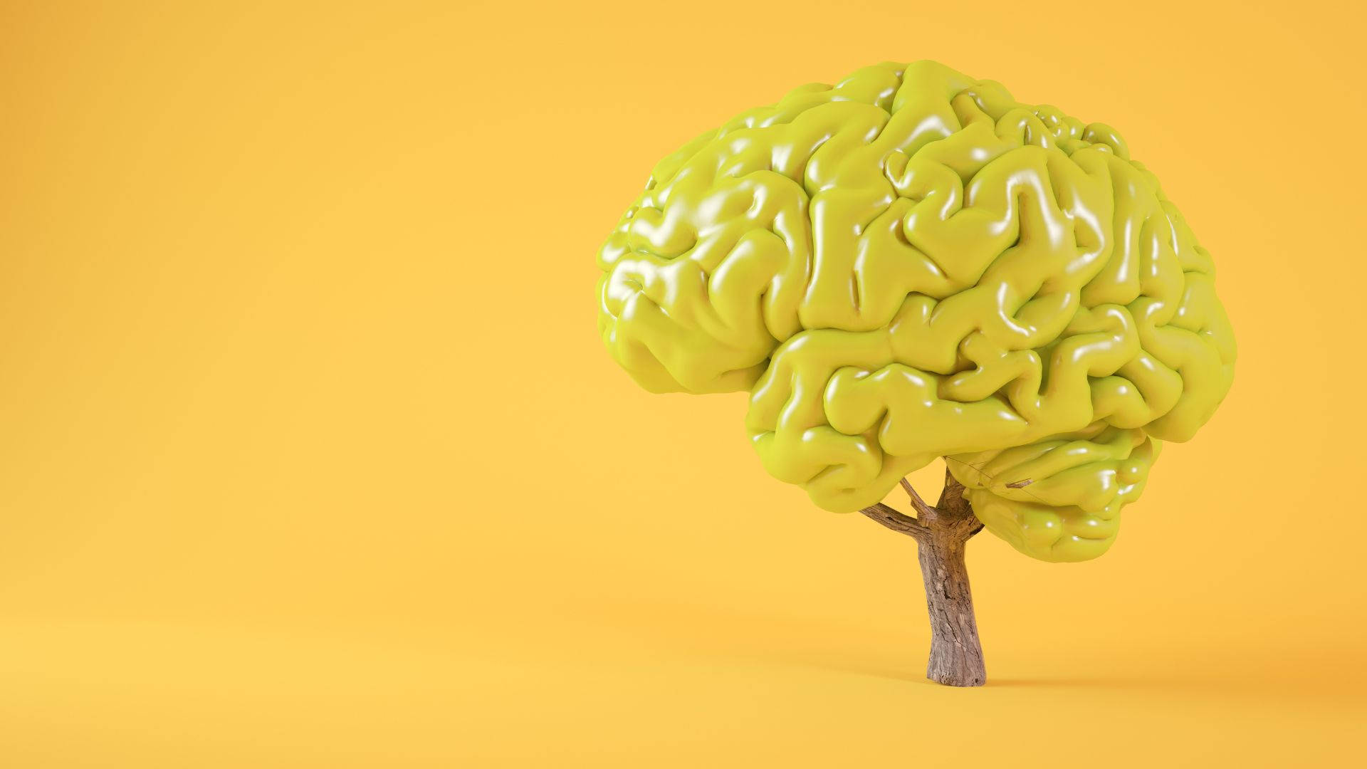 mind 桌布 壁紙 — 一棵充滿活力的萊姆綠色大腦形狀的樹木，獨自矗立在純黃色背景上，呈現極簡的3D渲染場景。
