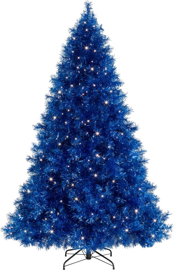 Artificial Christmas Tree 桌布 壁紙 — 一棵充滿活力的藍色人造聖誕樹，裝飾著閃爍的星形燈光，孤立地立在黑色背景前。