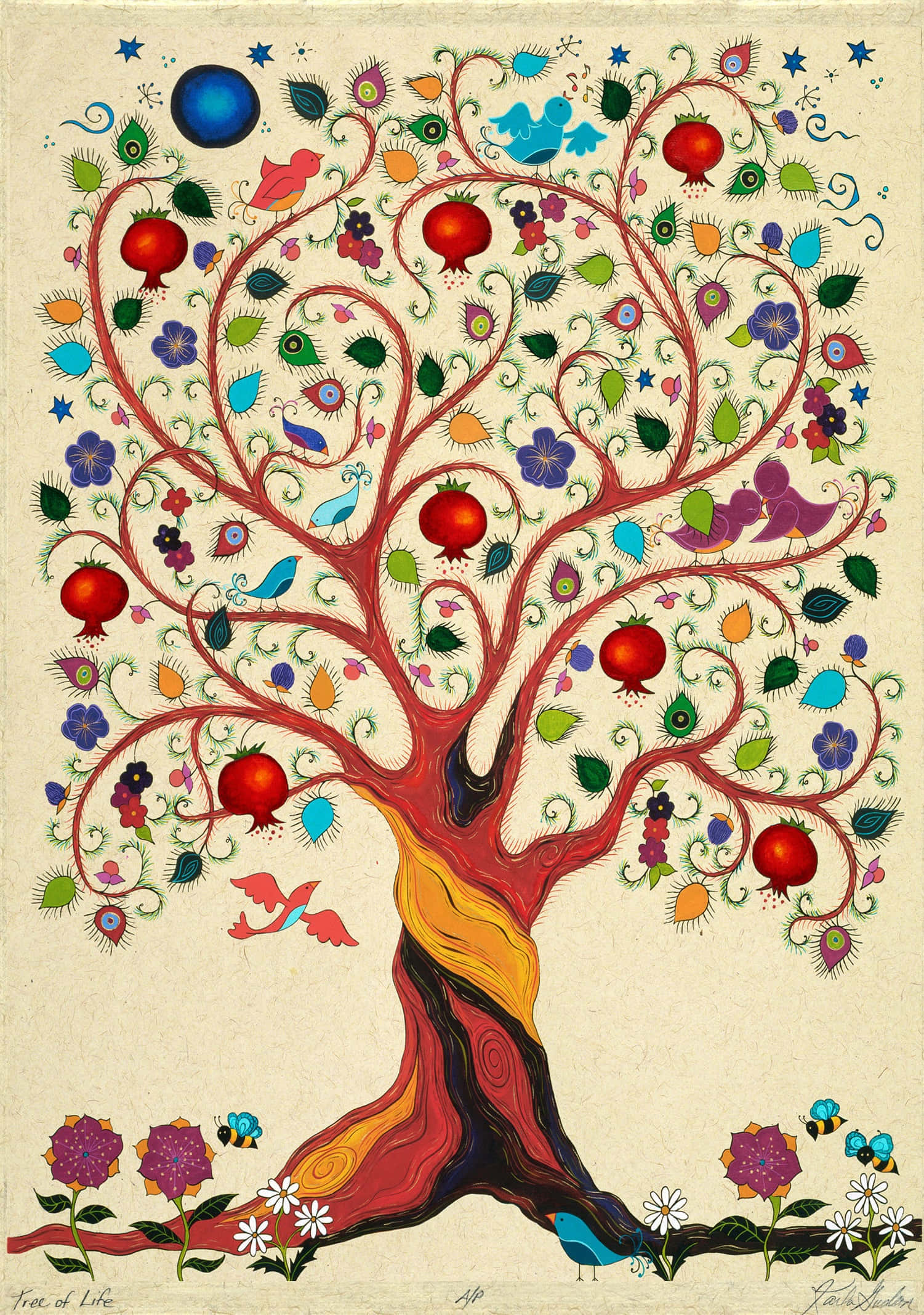 Tree Of Life 桌布 壁紙 — 一棵充滿活力的風格化樹木，帶有旋轉的樹枝，在奶油色背景上結出色彩繽紛的果實、鳥類和花朵。