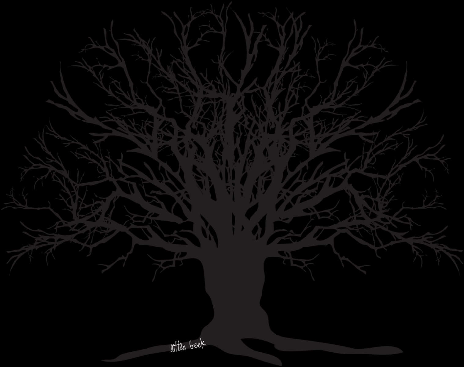 Tree Silhouette 桌布 壁紙 — 一棵光禿禿的樹，帶有錯綜複雜的樹枝，在純黑色背景上呈現出鮮明的黑色剪影。