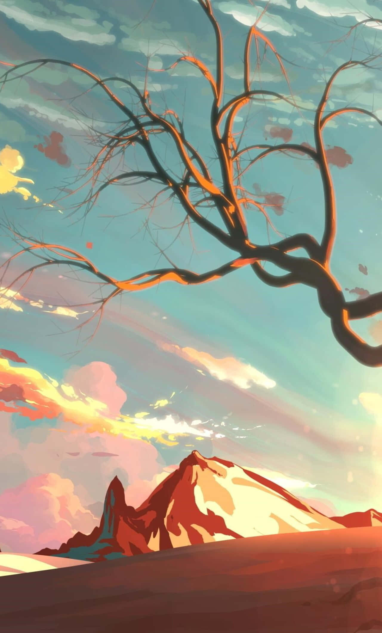 Beautiful Painting 桌布 壁紙 — 一棵光禿禿的樹，樹枝發出橙色光芒，在日落時分伸展在白雪覆蓋的山峰上，襯著粉彩色的天空。
