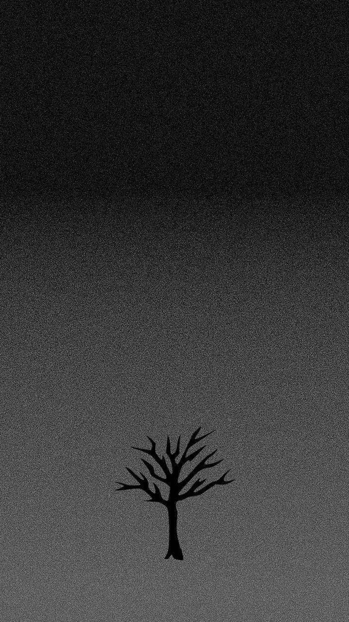 xxxtentacion 美學 桌布 壁紙 — 一棵光禿禿的樹木的鮮明黑色剪影，獨自矗立在帶有細微顆粒紋理的漸變灰色天空前。