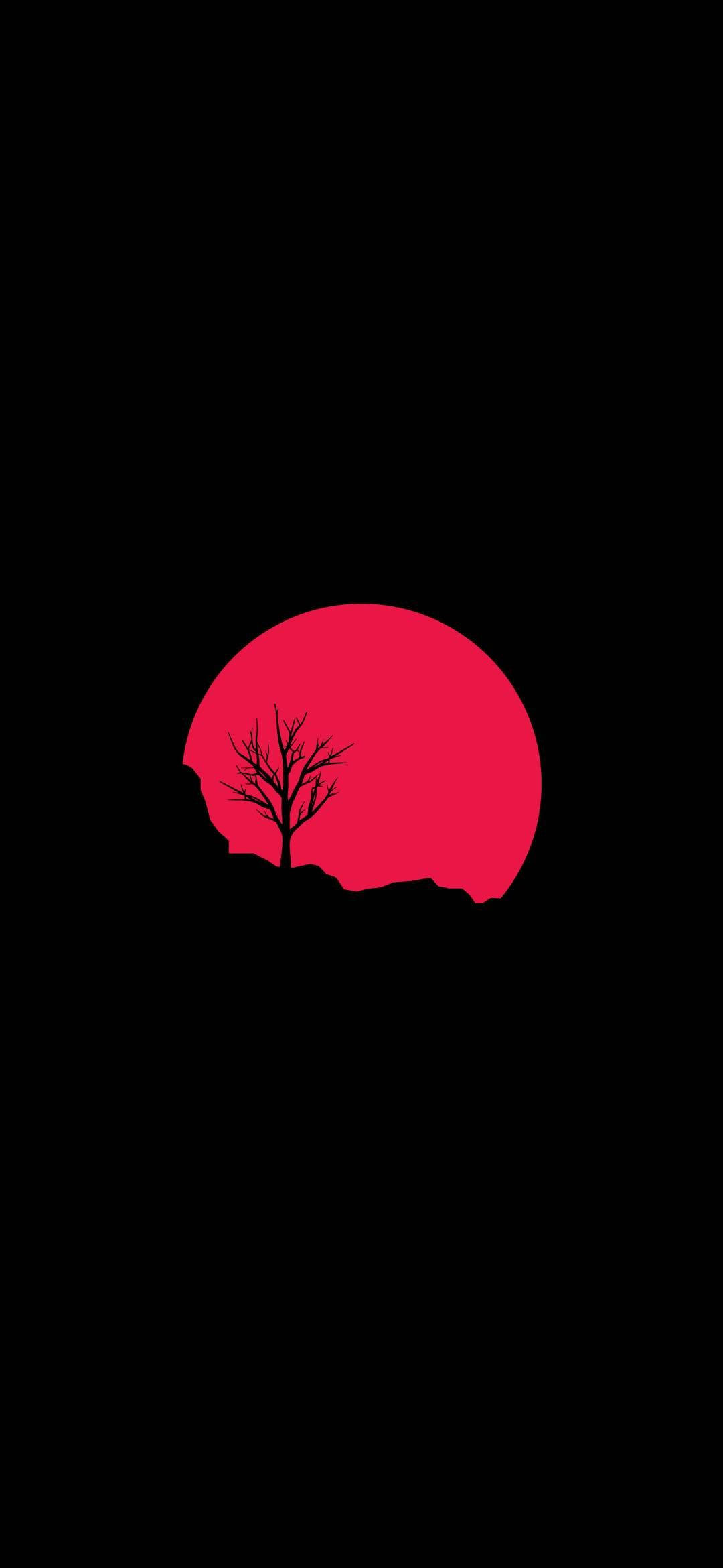 minimal dark iPhone 桌布 壁紙 — 一棵光禿禿的樹的清晰剪影，在黑色虛空前，立於一個鮮紅色的圓形太陽之前。