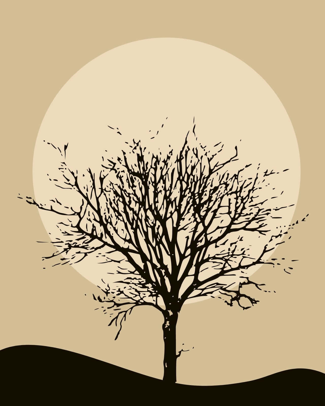 Illustration 桌布 壁紙 — 一棵光禿禿的樹的鮮明黑色剪影，在米色背景上襯著一個巨大的淡色圓形太陽。