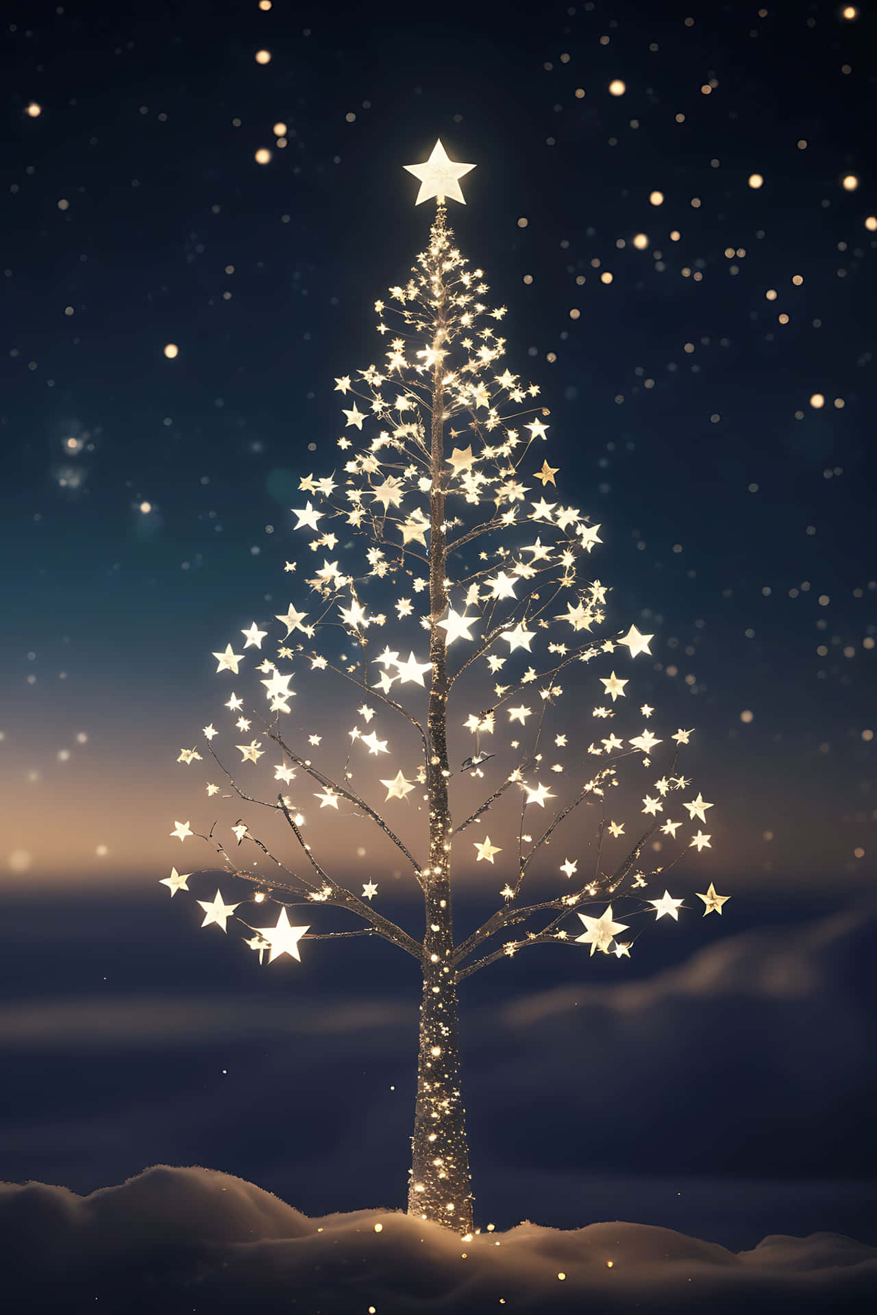 Illuminated star tree in winter night 壁紙 — 一棵光禿禿的樹立在雪地上，星空下點綴著發光的金色星星燈光，頂端有一顆閃亮的星星。