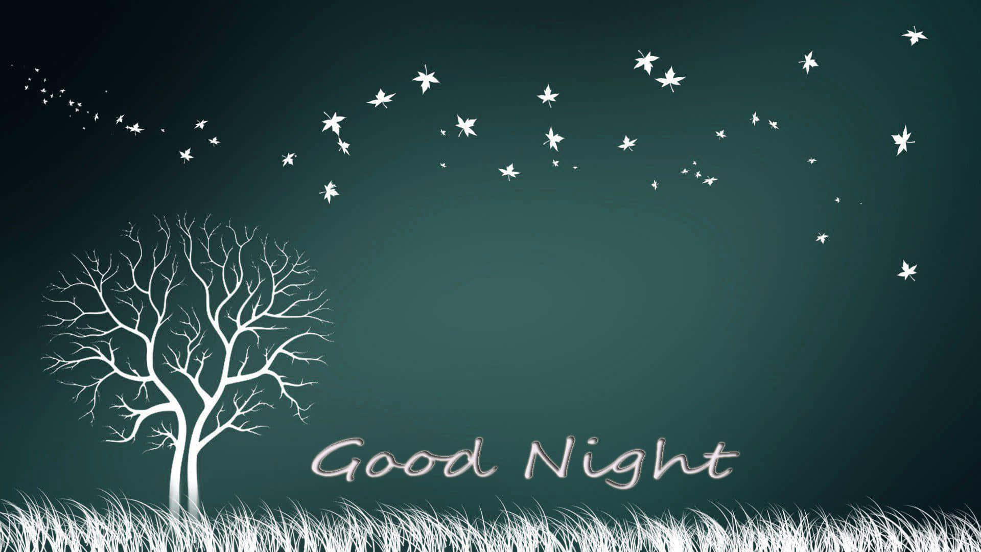 good night animated 桌布 壁紙 — 一棵光禿禿的白色樹木立在草地上，天空是深藍綠色，點綴著像星星一樣飄落的葉子和晚安文字。