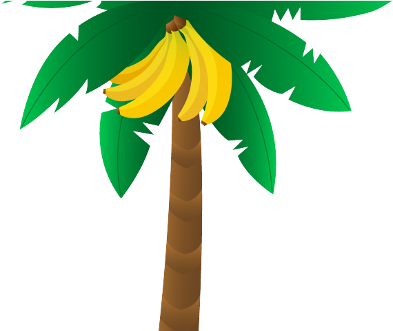 Banana Tree 桌布 壁紙 — 一棵卡通棕櫚樹，有綠色葉子和一串黃色香蕉掛在頂部。