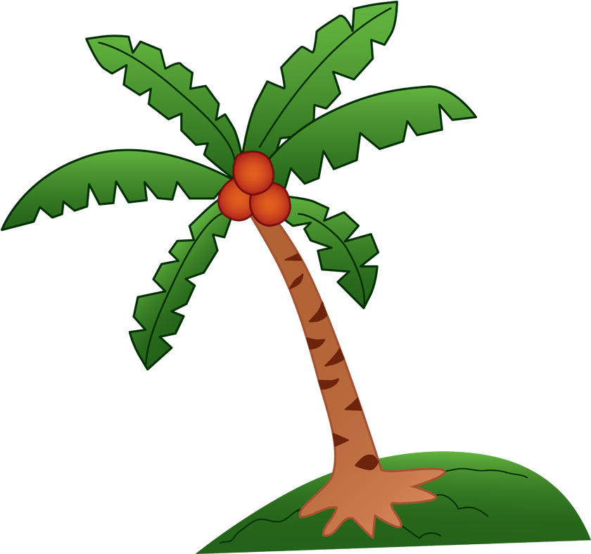 Coconut Tree 桌布 壁紙 — 一棵卡通棕櫚樹，有綠色葉子和橙色果實，站在一個黑色背景的小綠色島嶼上。