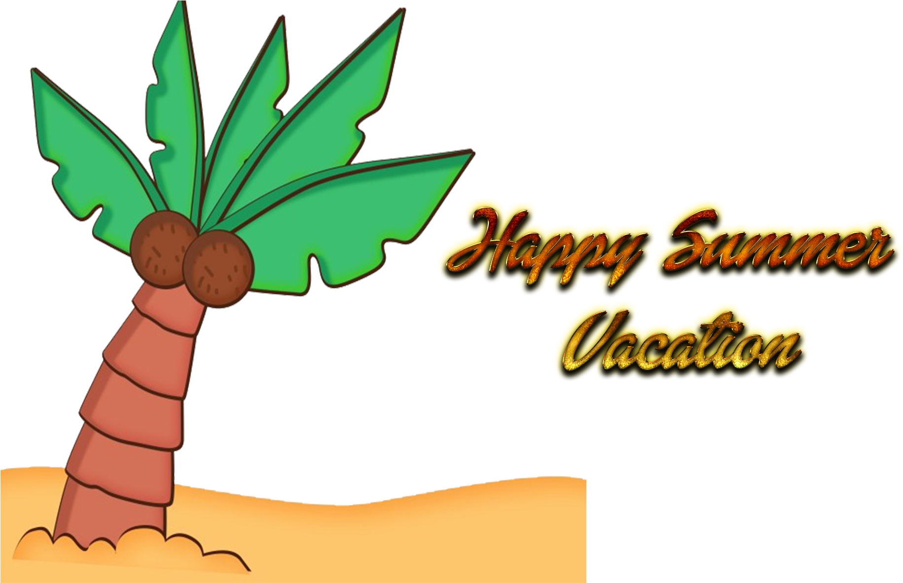 Vacation 桌布 壁紙 — 一棵卡通椰子樹站在沙灘上，旁邊有發光的「Happy Summer Vacation」文字。