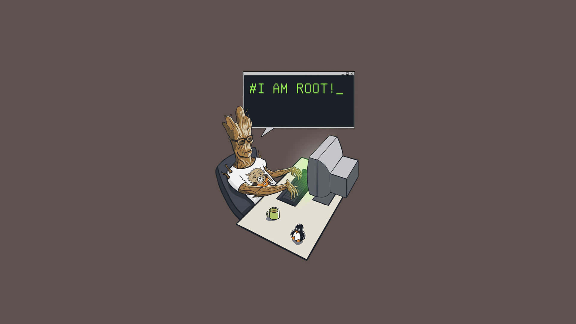 一棵卡通樹人格魯特坐在電腦前 — 4K程式壁紙 壁紙