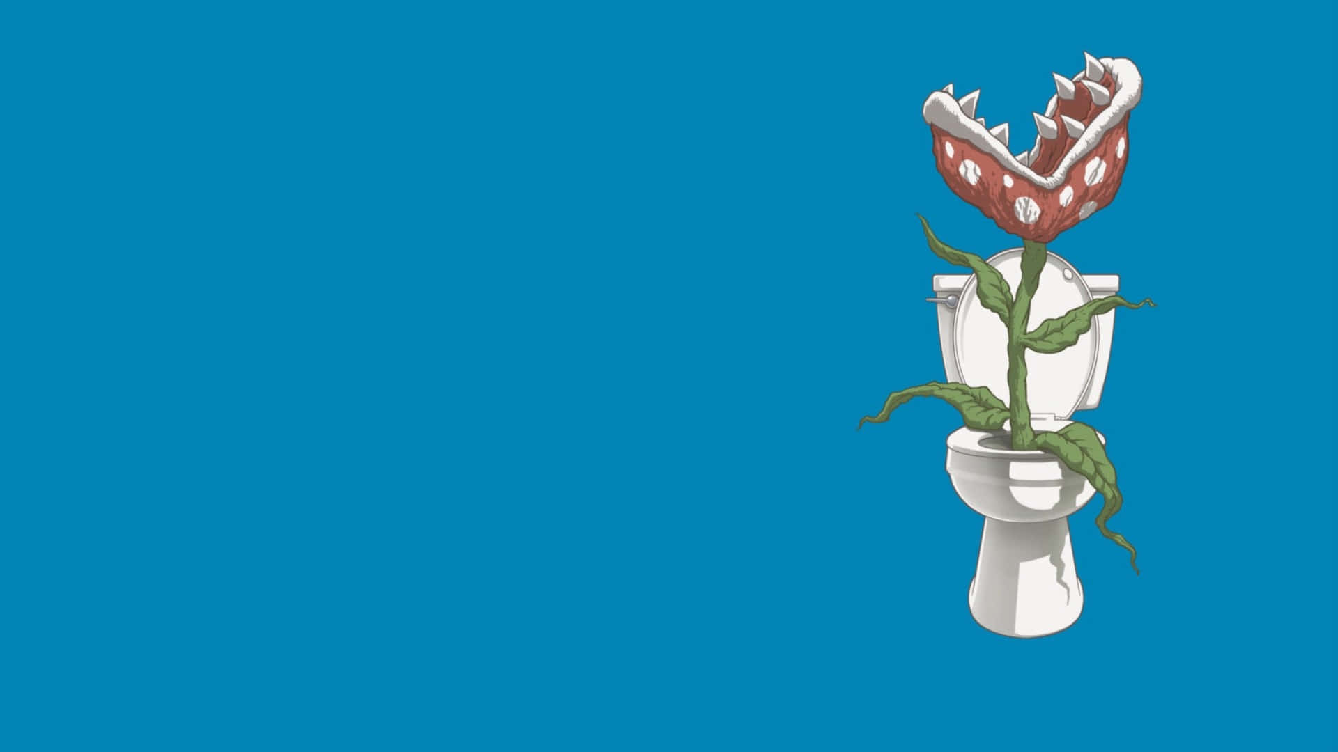 piranha plant 桌布 壁紙 — 一棵卡通風格的捕蠅草植物，長有鋒利的牙齒，從一個破裂的白色馬桶中長出，背景是純藍色。