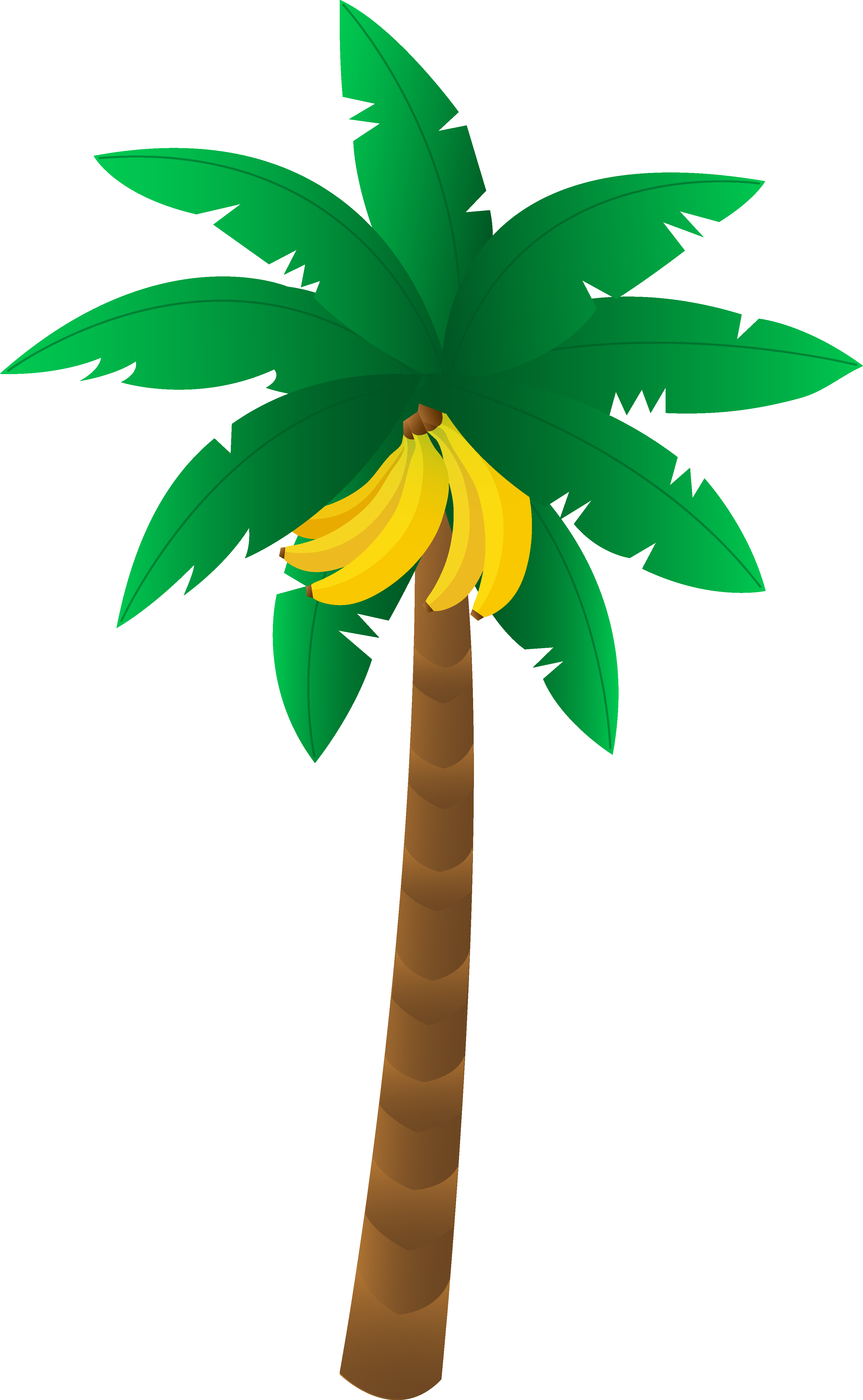 Banana Tree 桌布 壁紙 — 一棵卡通風格的棕櫚樹，有綠色的葉子和一串黃色香蕉掛在樹冠上。
