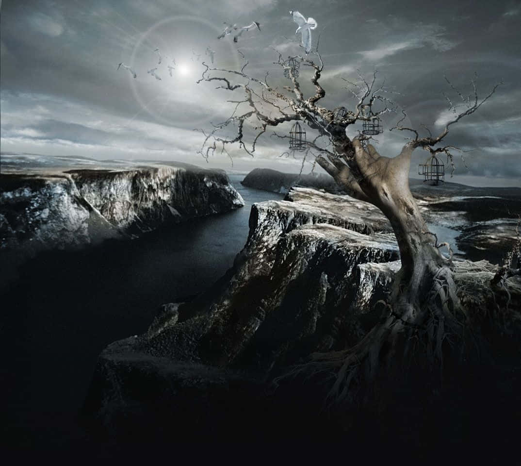 Dark Surrealism 桌布 壁紙 — 一棵多節的枯樹，樹枝上掛著鳥籠，矗立在懸崖上，俯瞰著黑暗的深淵，天空風暴肆虐，明亮的太陽光暈閃耀。
