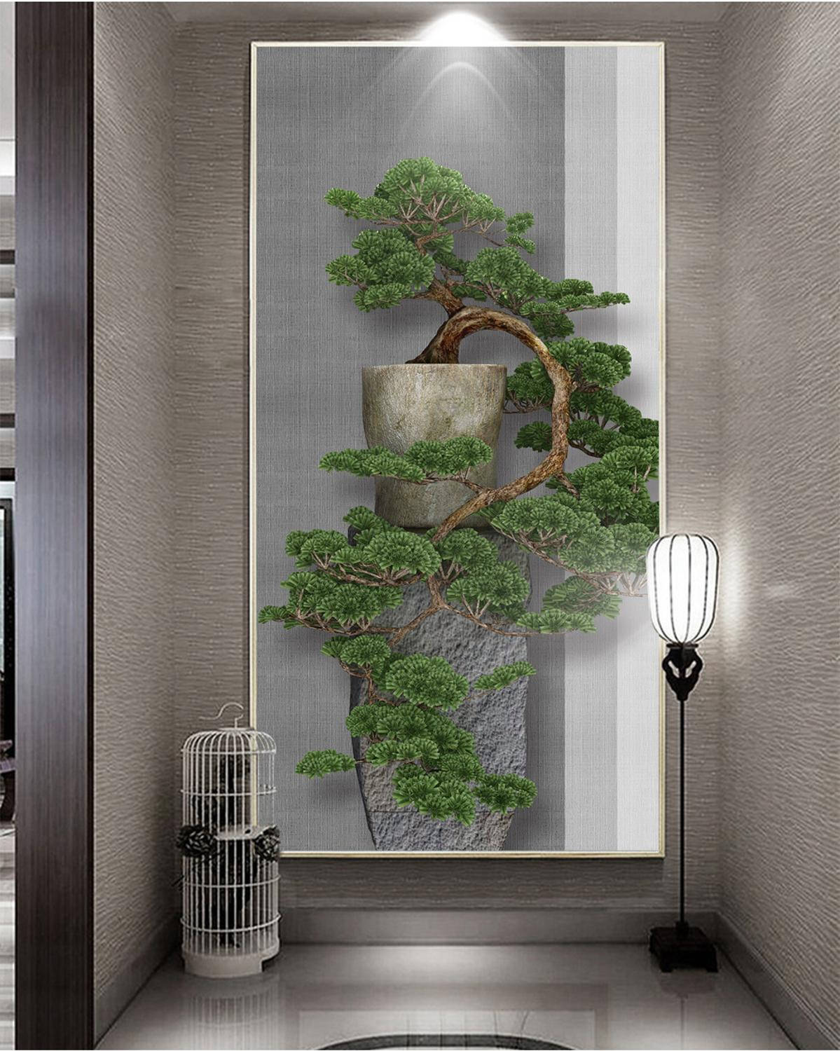 Plant 桌布 壁紙 — 一棵大型裱框盆景樹，擁有茂密的綠色樹葉和彎曲的樹幹，放置在現代走廊中，旁邊有一個白色鳥籠和一個立燈。
