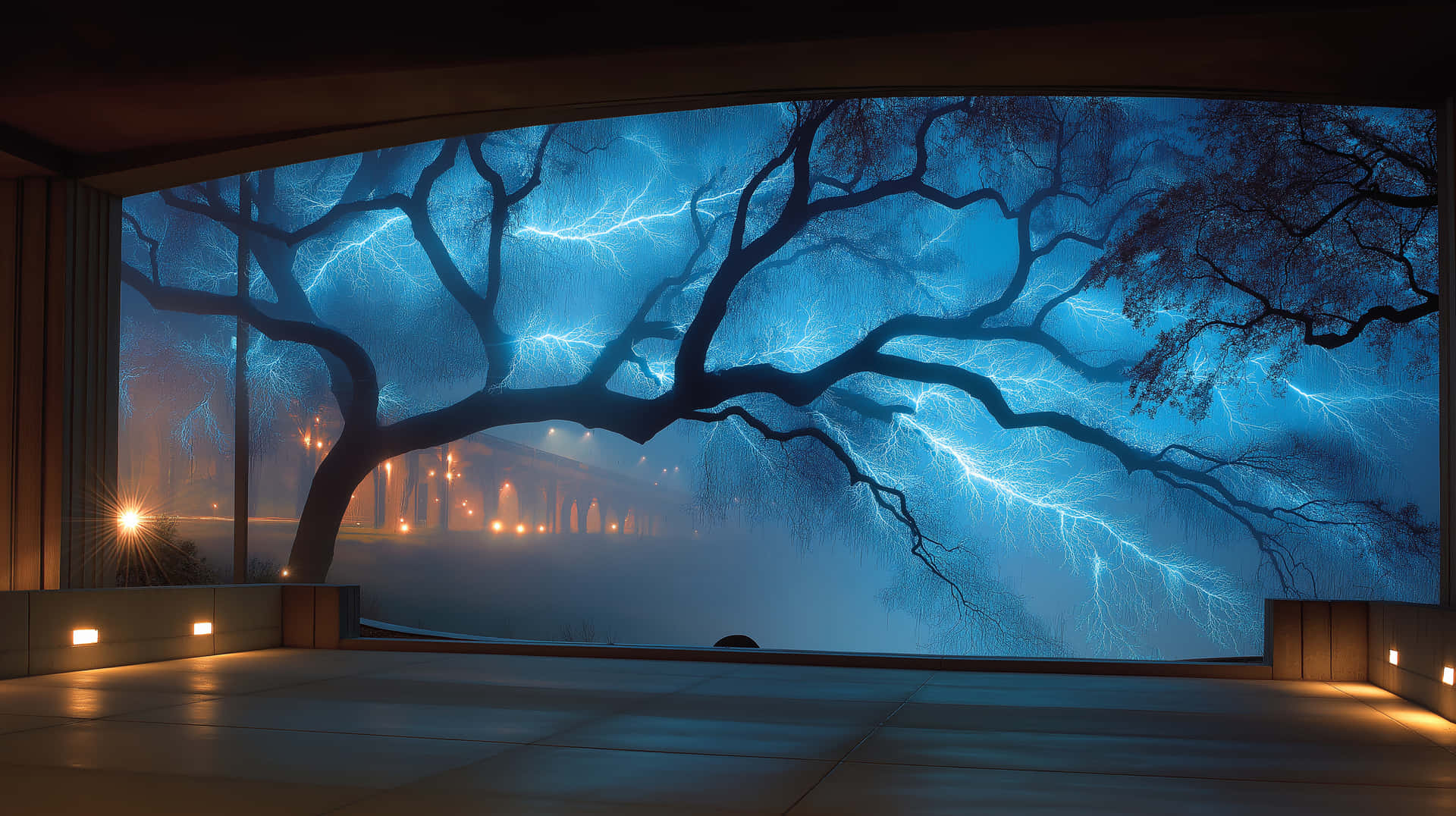 Large Window with Dynamic Lichtenberg Tree Etching 壁紙 — 一棵大樹，樹枝錯綜複雜，在暴風雨的藍色天空中襯托出剪影，天空充滿了生動的閃電，透過彎曲的玻璃牆可見。