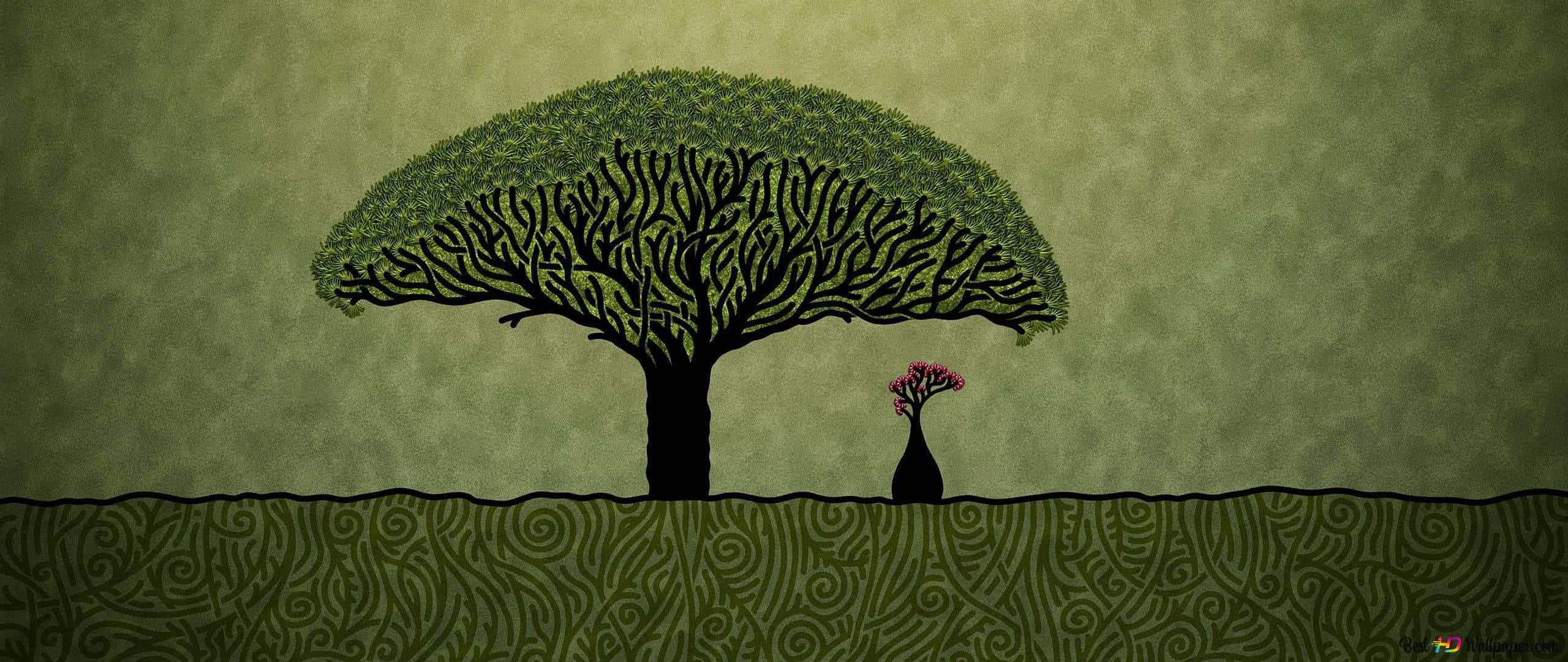 Painting 桌布 壁紙 — 一棵大樹的風格化插圖，帶有複雜的樹枝，旁邊有一棵小開花植物，背景是帶紋理的綠色。