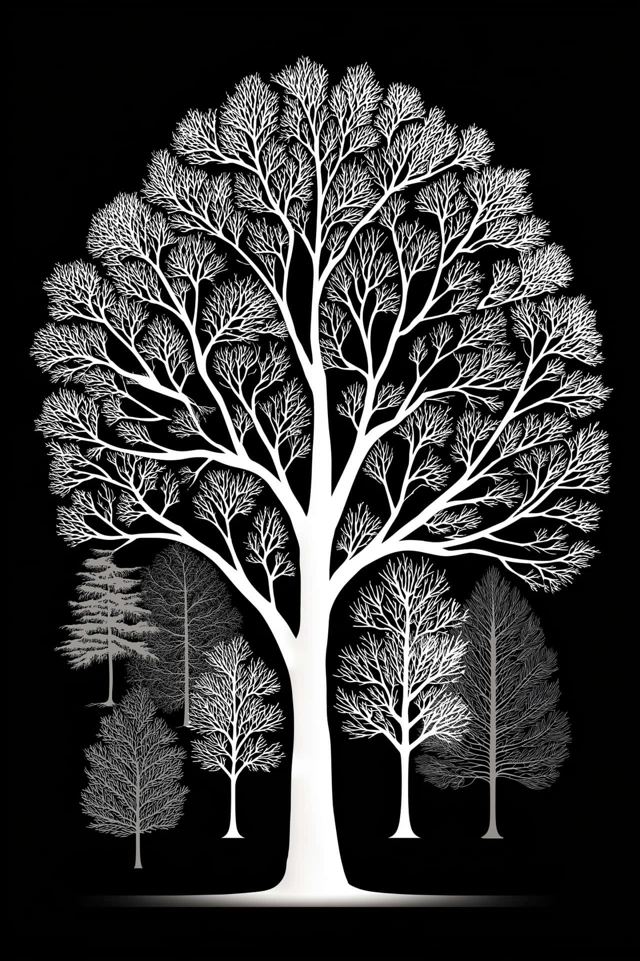 Detailed White Tree Silhouettes on Dark Background 壁紙 — 一棵大而無葉的樹，帶有錯綜複雜的樹枝，其鮮明的白色剪影主導了黑色背景，周圍環繞著不同灰色調的小樹。