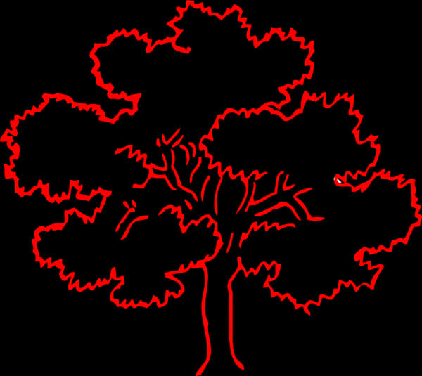 Tree Silhouette 桌布 壁紙 — 一棵大膽的紅色線條藝術樹木剪影，帶有鋸齒狀的樹枝和樹葉，在純黑色背景上脫穎而出。